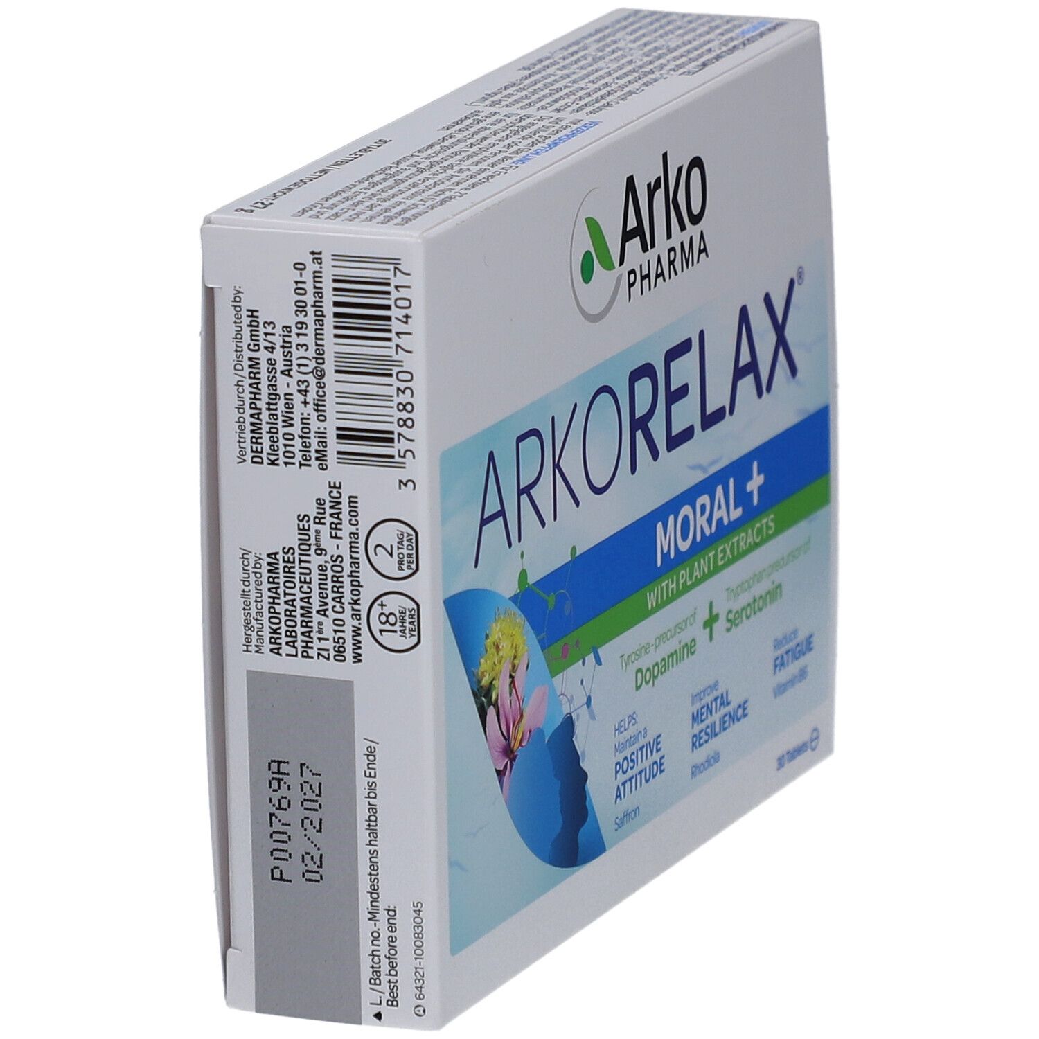 Schachtel ARKORELAX Moral+ in Schrägansicht. Logo Arko Pharma. Enthält 30 Tabletten. Aufschrift: Hilft positive Einstellung zu bewahren, geistige Belastbarkeit zu verbessern, Müdigkeit.