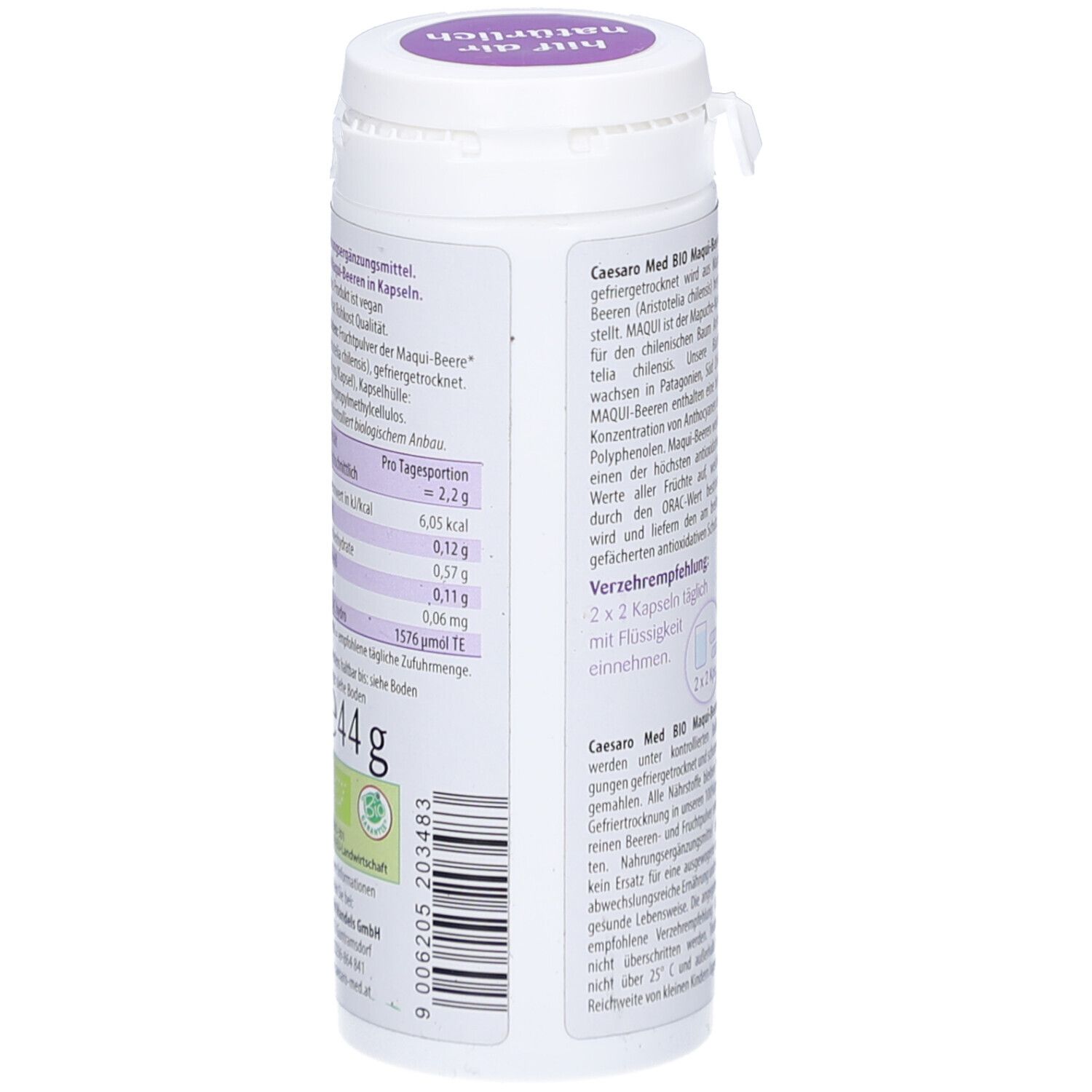 Weiße Dose mit Text und Nährwertangaben. Aufschrift: Bio Maqui-Beeren Kapseln. 44g. Bio-Siegel.