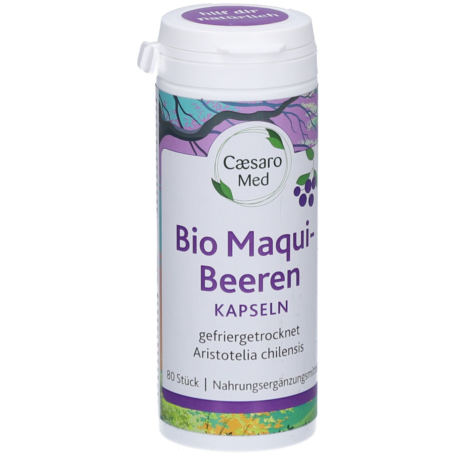 Weiße Dose mit lila Deckel. Aufschrift: Caesaro Med Bio Maqui-Beeren Kapseln. 80 Stück. Nahrungsergänzungsmittel.