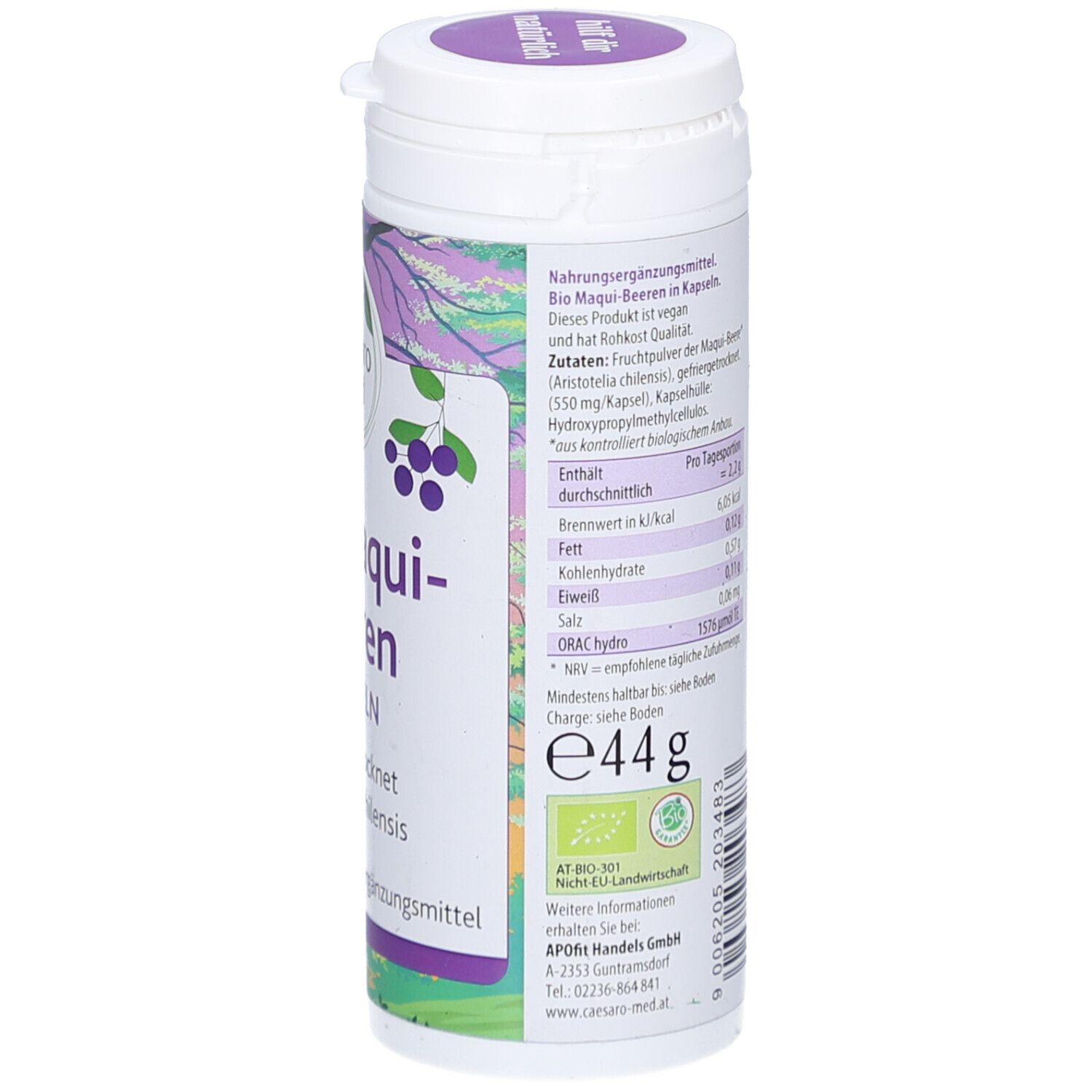 Weiße Dose mit Text und Nährwertangaben. Aufschrift: Bio Maqui-Beeren Kapseln. 44g. Bio-Siegel.