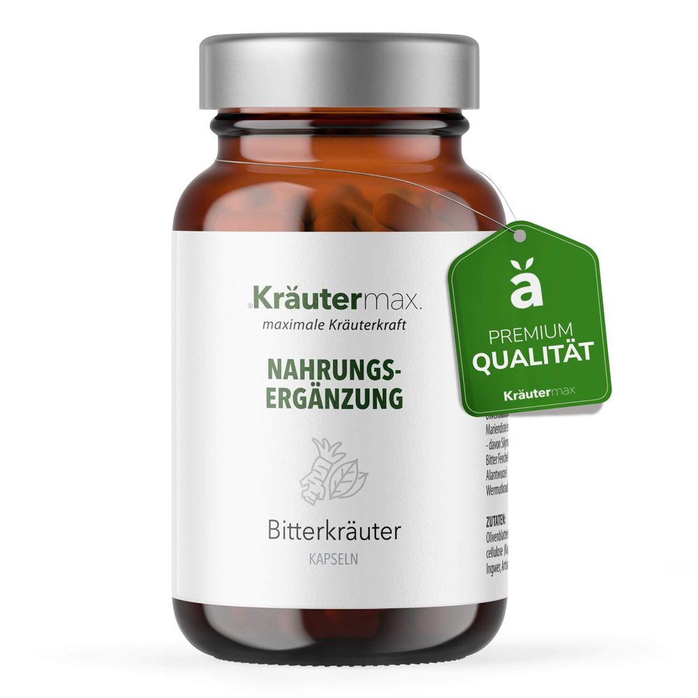 Braune Glasflasche mit silbernem Deckel. Etikett mit Produktname und Zusatz. Grünes Anhängeetikett mit Logo.