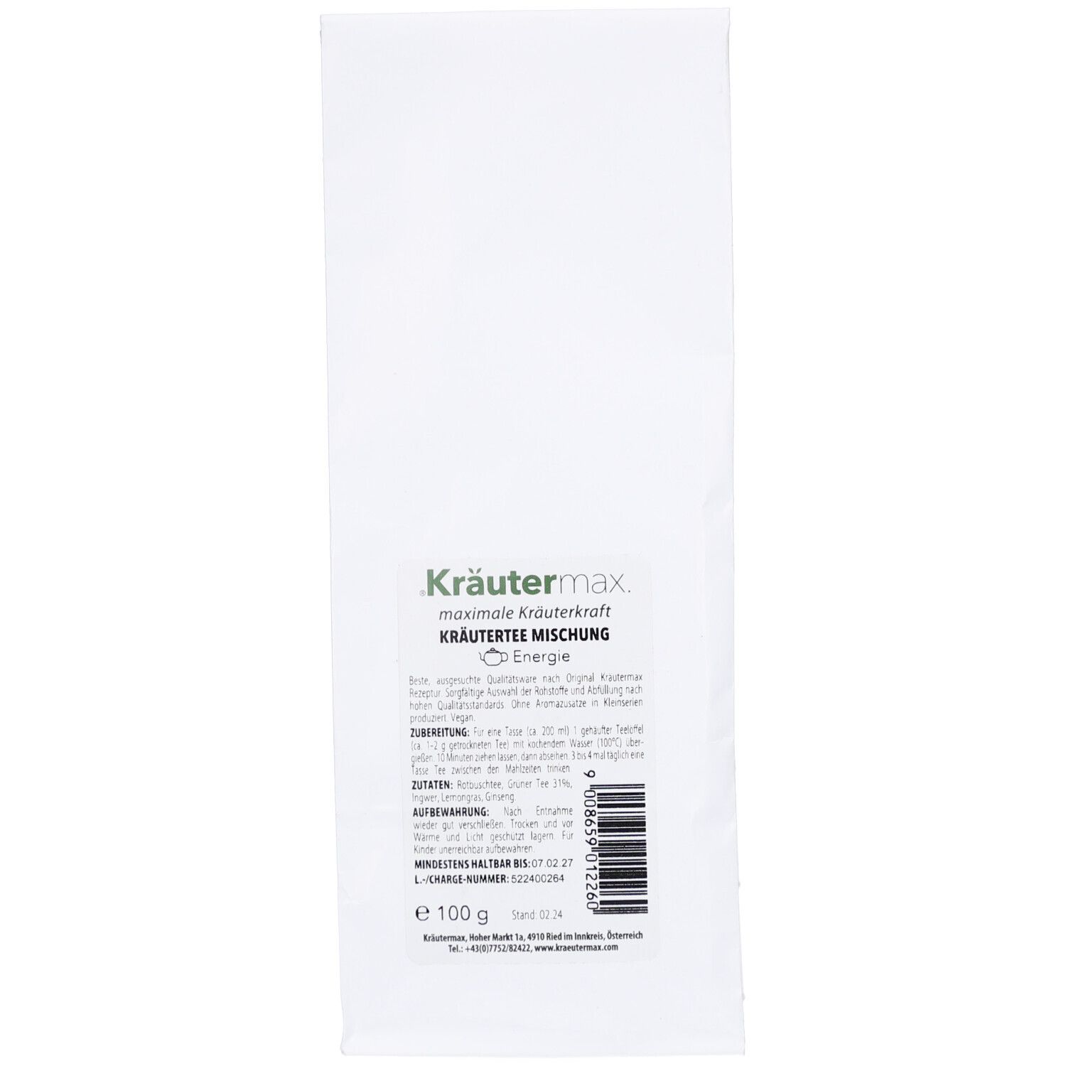 Weiße Kräutermax Energie Tee-Verpackung. Grün bedruckt mit Produktname, Text und Barcode. E 100 g.