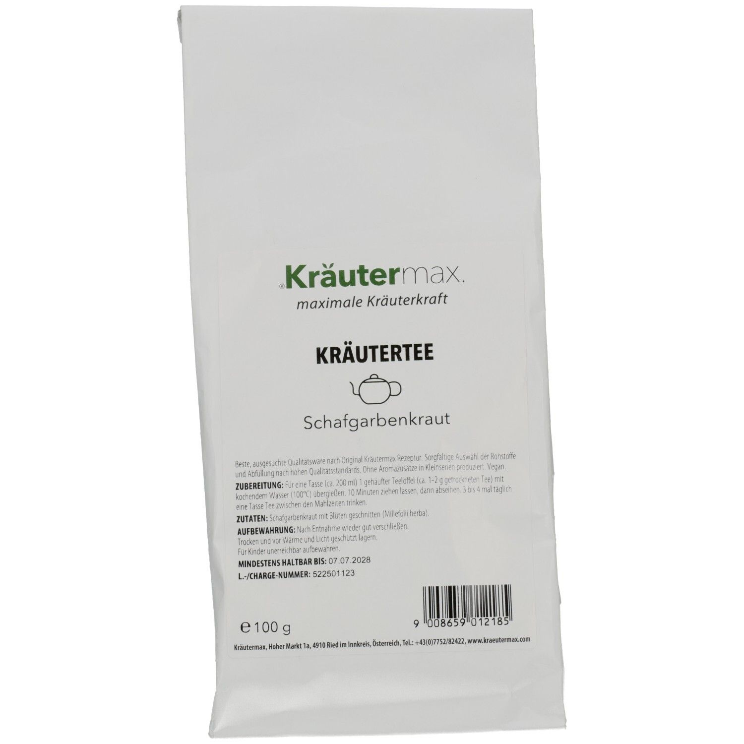 Weiße Verpackung mit Kräutermax-Logo und Text. Aufschrift: Schafgarbenkraut. Gewicht: 100 g.