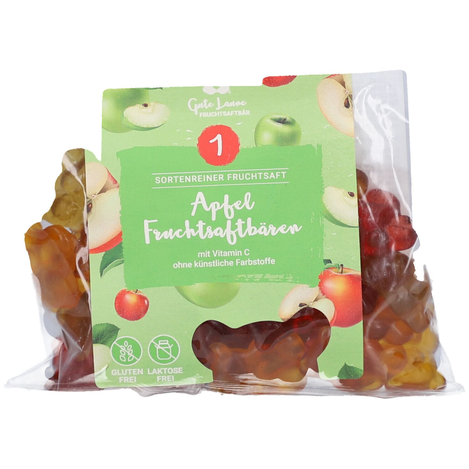 Verpackung mit Apfel Fruchtgummibären. Grüne Verpackung mit Apfelabbildungen und Text. Gummibärchen in Folie.