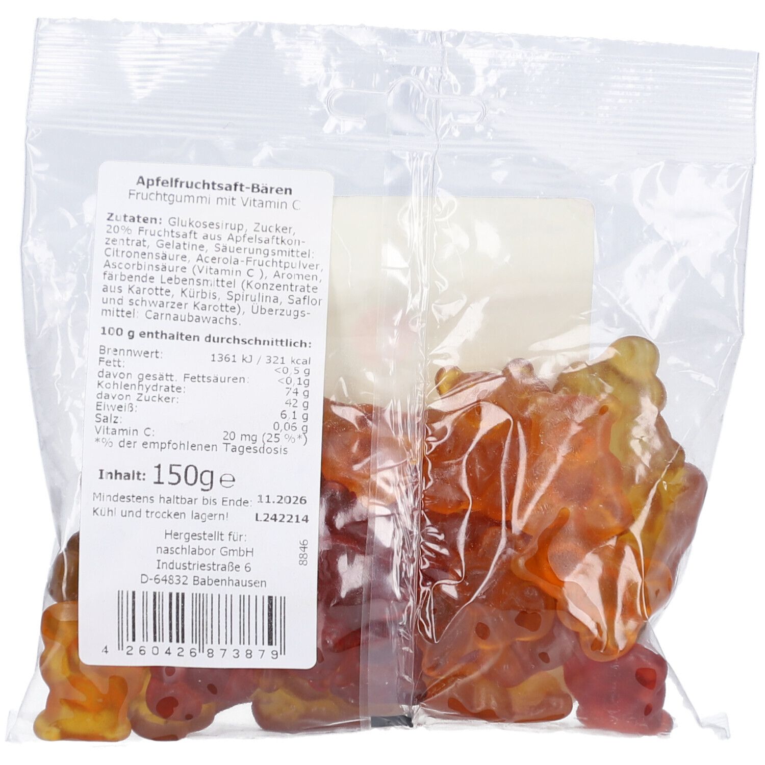 Transparente Folienverpackung mit Apfel-Fruchtgummibären. Etikett mit Nährwertangaben und Mindesthaltbarkeitsdatum.