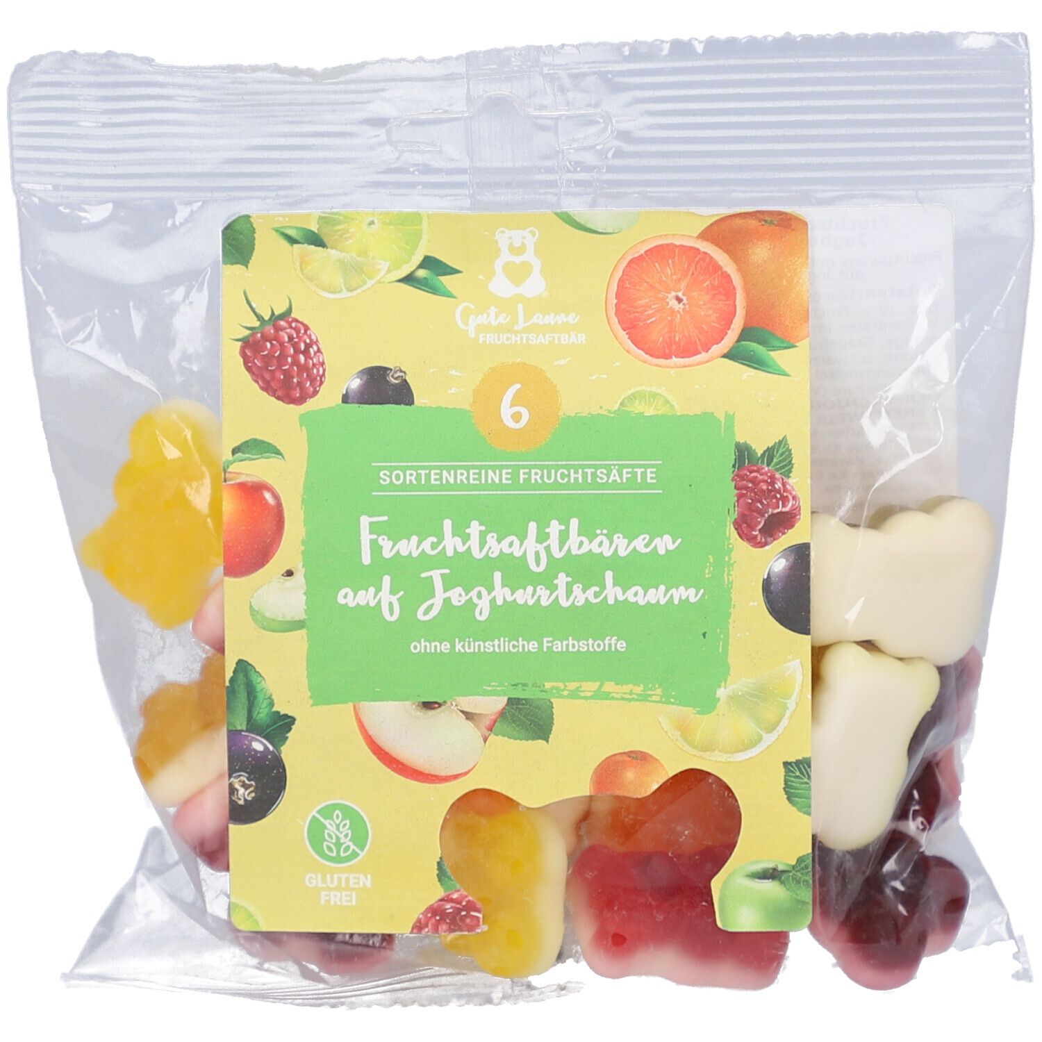Beutel mit Fruchtgummis in Bärenform. Gelbe, rote und weiße Gummibärchen. Aufdruck mit Fruchtstückchen und Text: Fruchtsaftbären auf Joghurt.