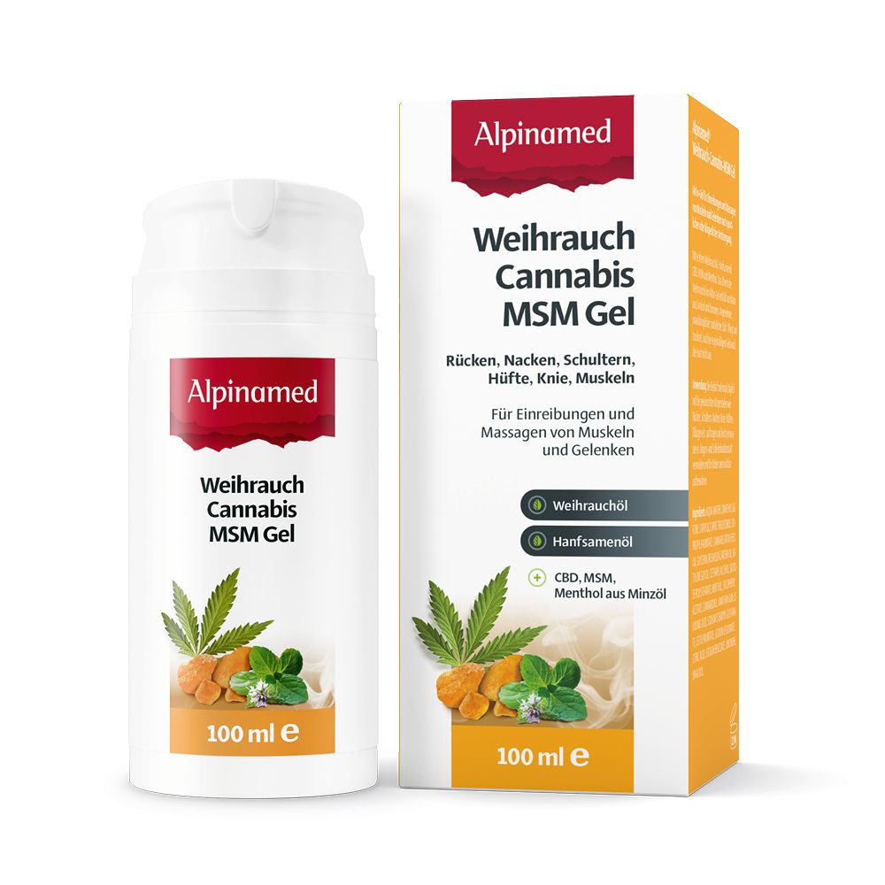 Alpinamed Weihrauch Cannabis MSM Gel. Produkt und Verpackung. 100 ml. Aufdrucke: Weihrauchöl, Hanfsamenöl, CBD, MSM, Menthol.