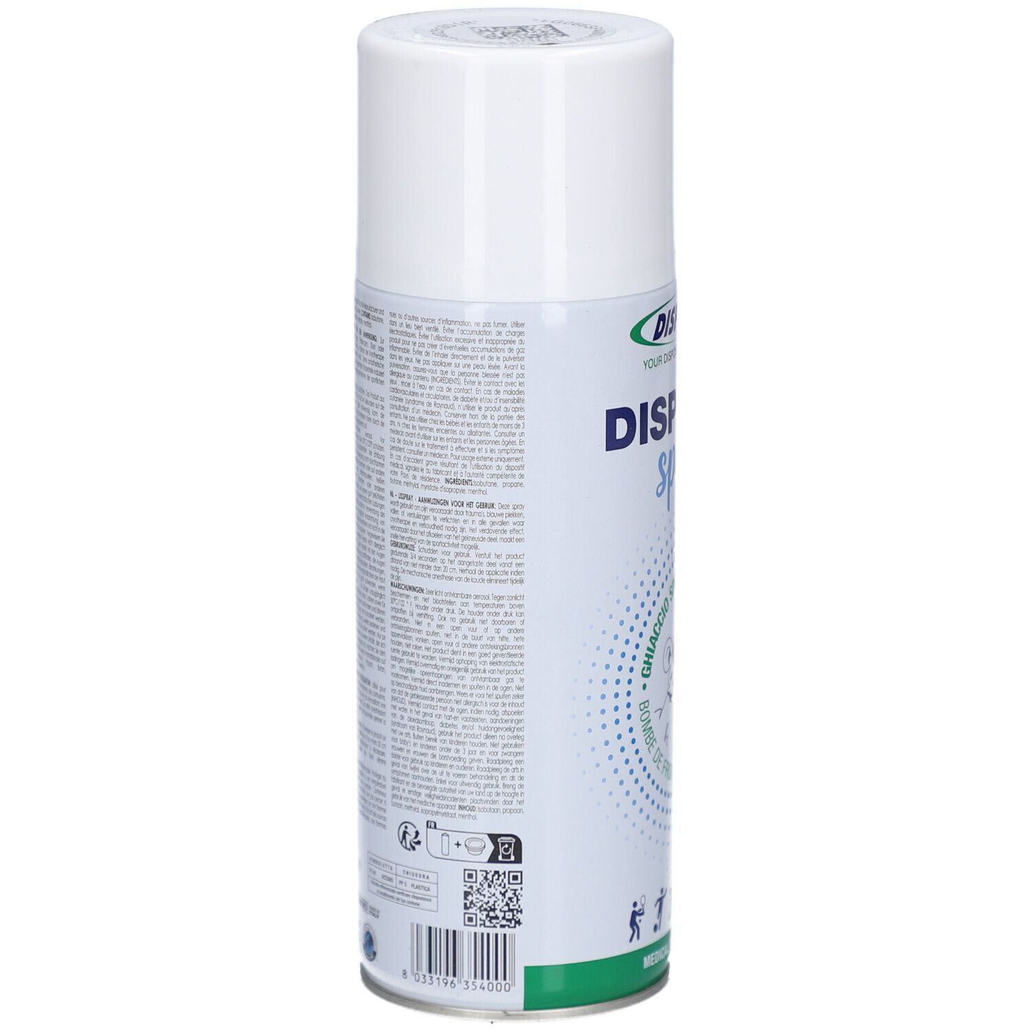 Weiße Sprühdose mit Text. Rückseite. QR-Code und Informationen. Medizinprodukt.  