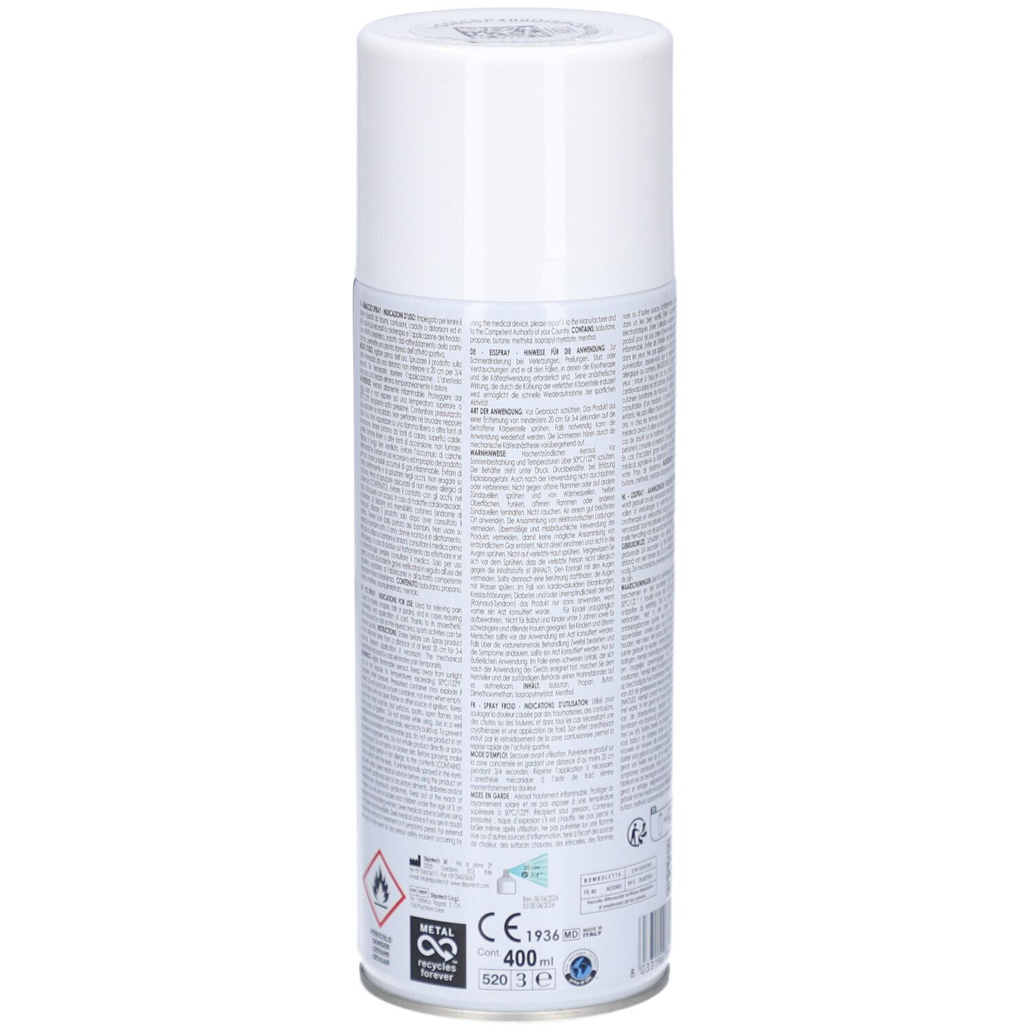 Weiße Sprühdose mit Text. Rückseite. CE-Kennzeichnung, Volumen 400 ml. Medizinprodukt.