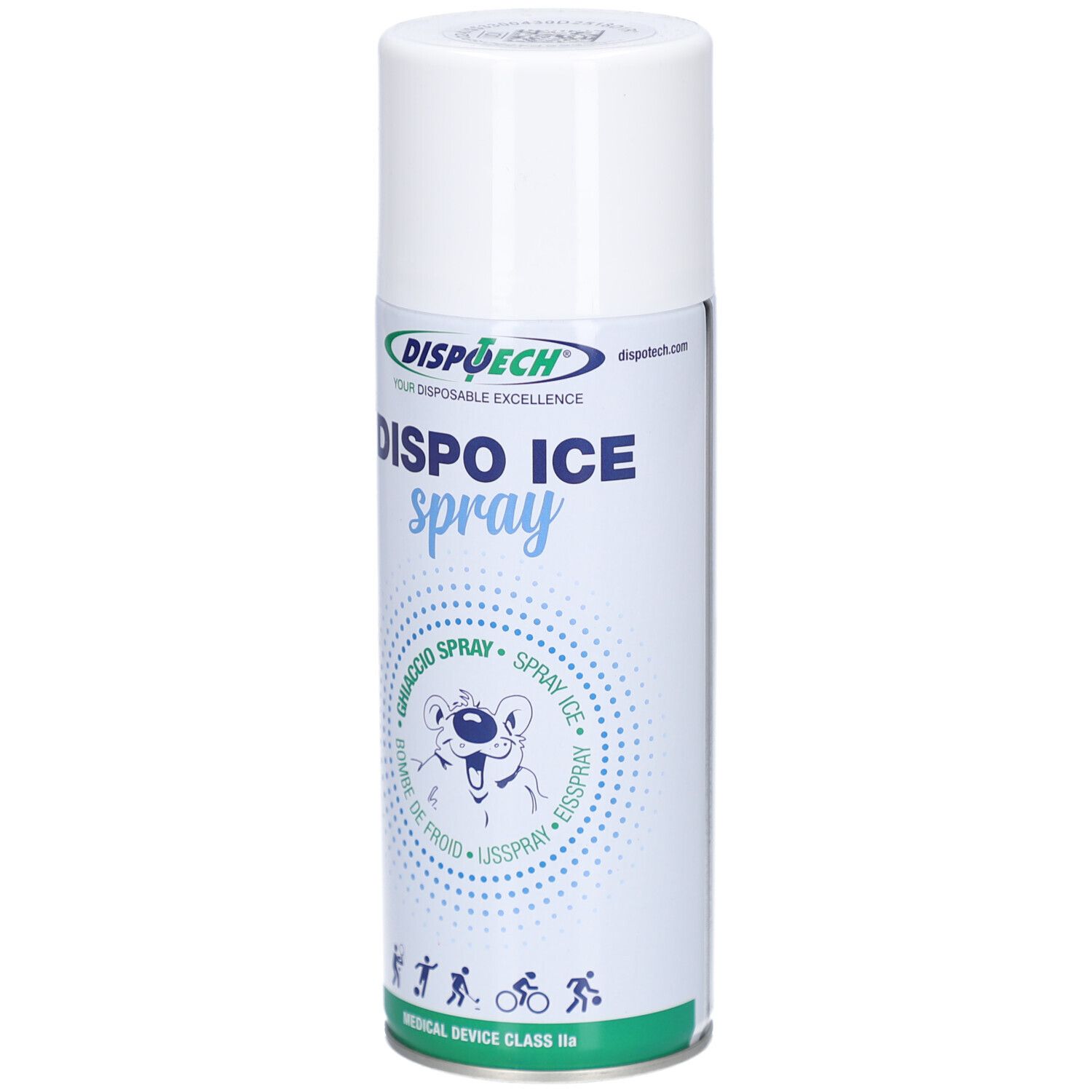 Weiß-blaue Sprühdose mit Produktnamen "DISPO ICE spray". Logo "DISPOECH". Illustration eines Eisbären. Medizinprodukt Klasse IIa.