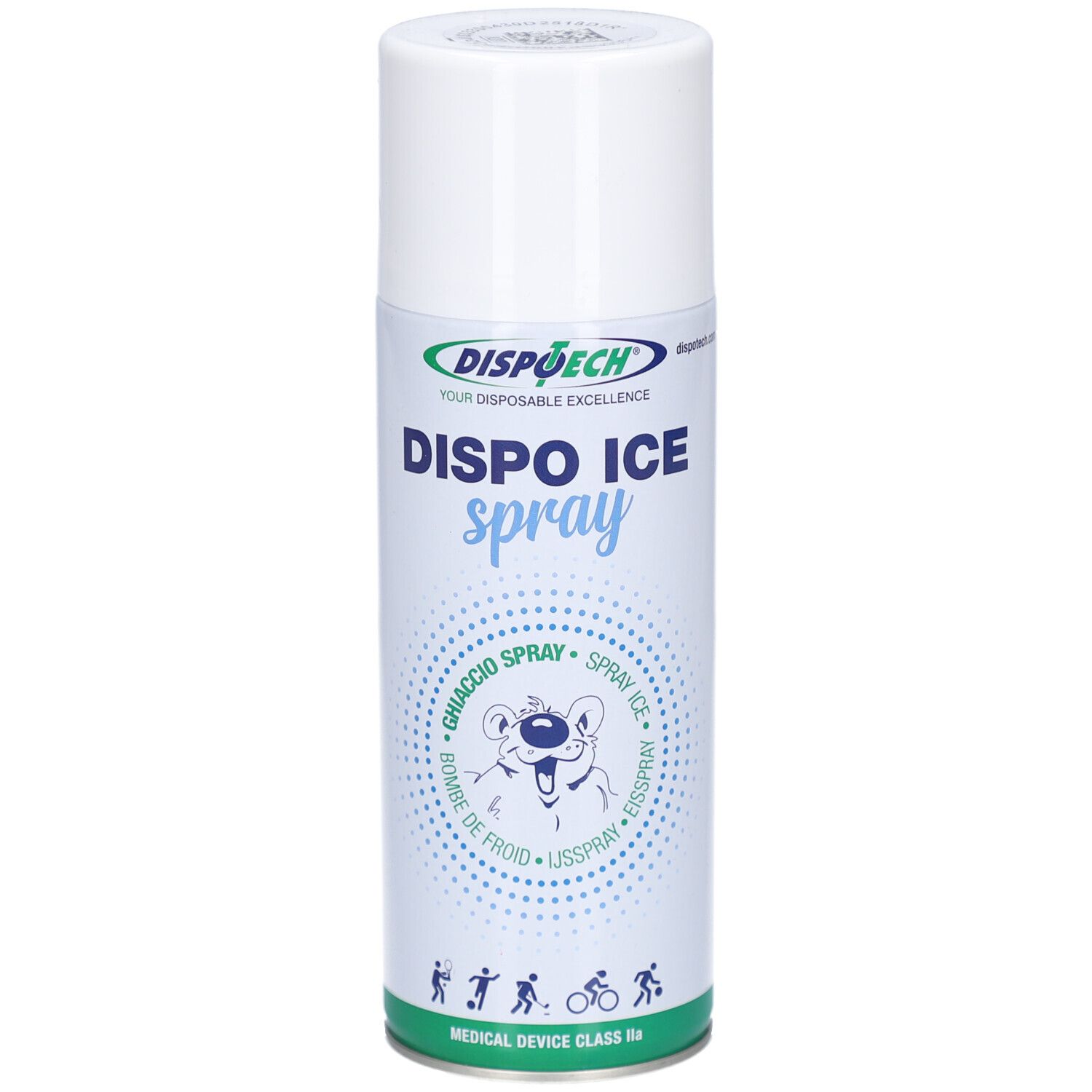 Weiß-blaue Sprühdose mit Produktnamen "DISPO ICE spray". Logo "DISPOECH". Illustration eines Eisbären. Medizinprodukt Klasse IIa.