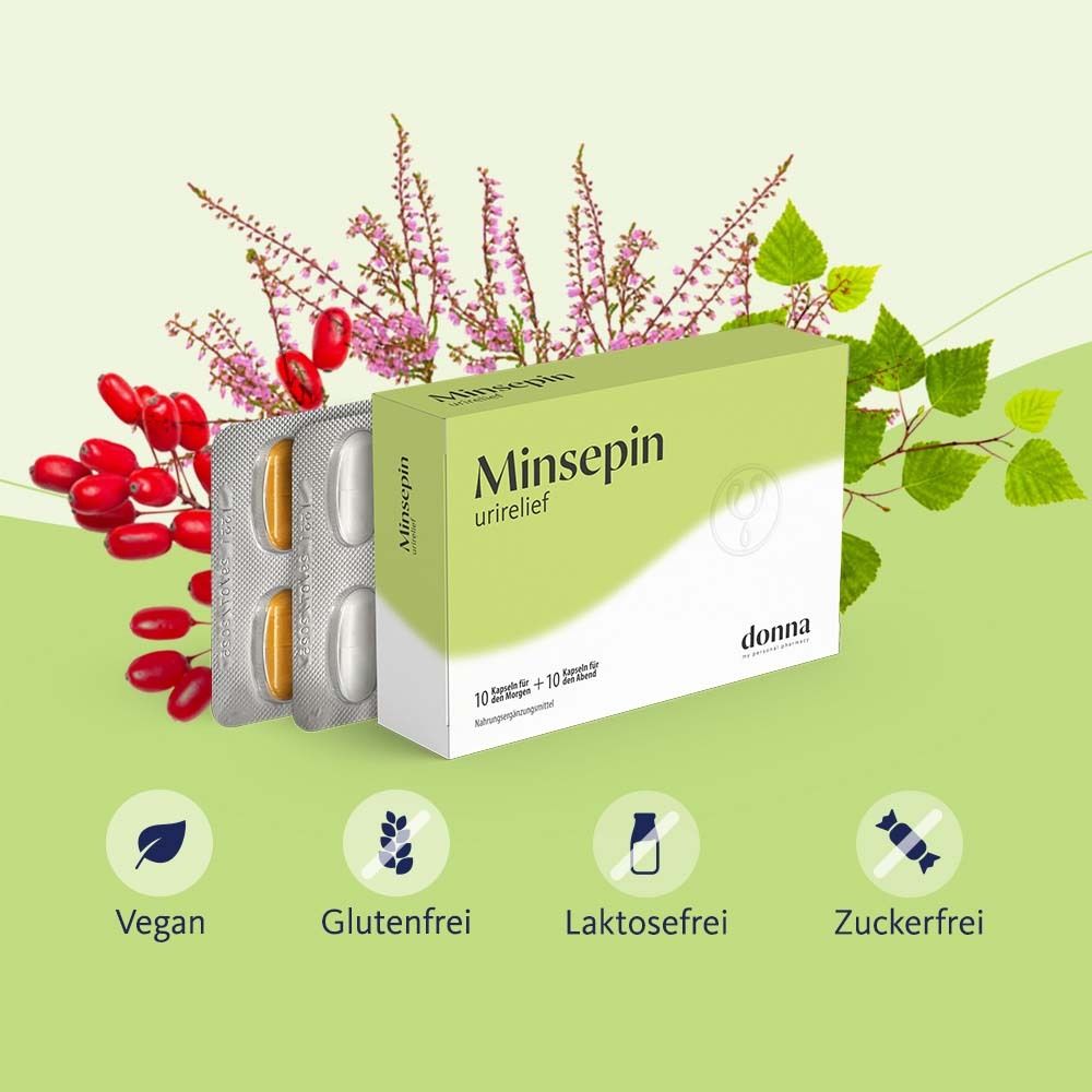 Packung Minsepin urirelief mit Kapseln und Kräutern. Text: Vegan, Glutenfrei, Laktosefrei, Zuckerfrei.