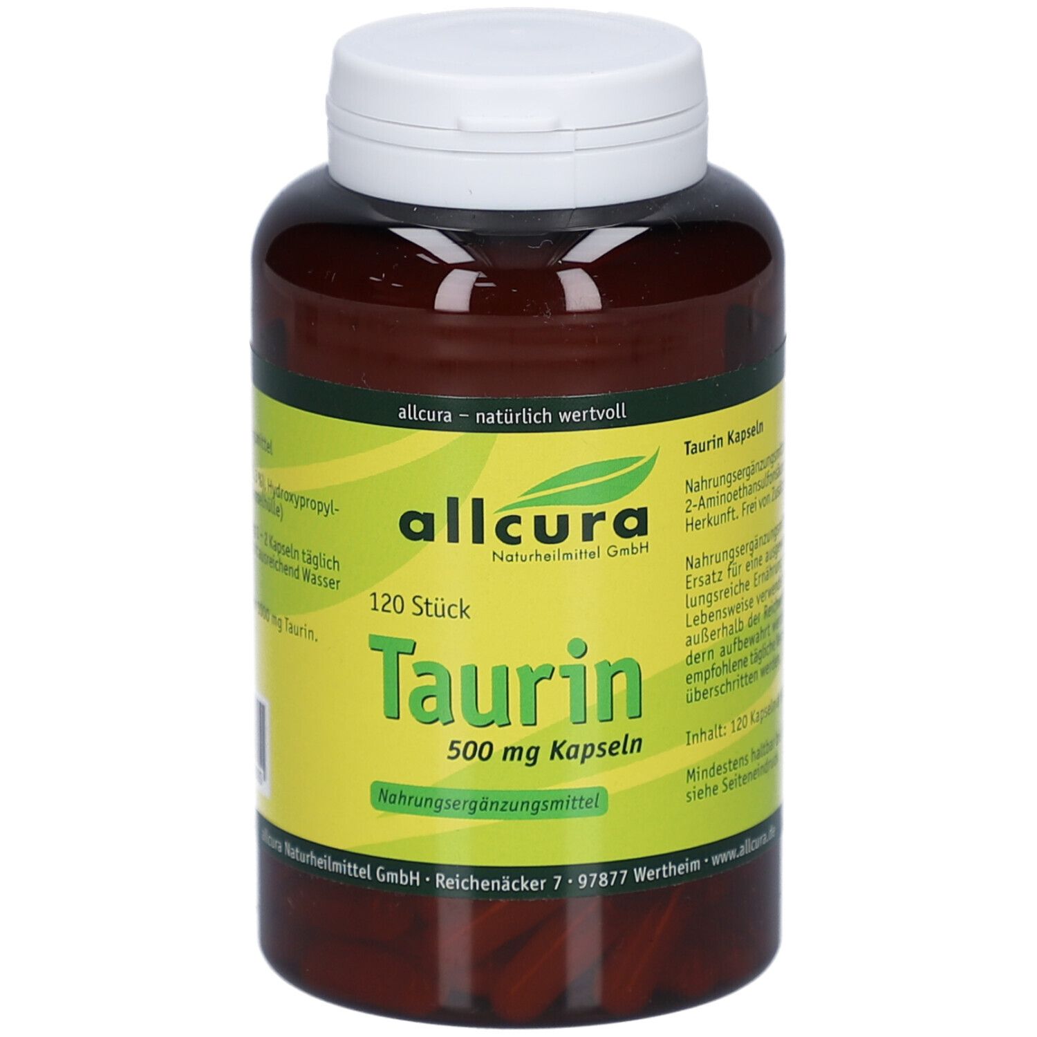 Braune Flasche mit weißem Deckel. Aufschrift: Taurin 500 mg Kapseln, 120 Stück. Marke: allcura.