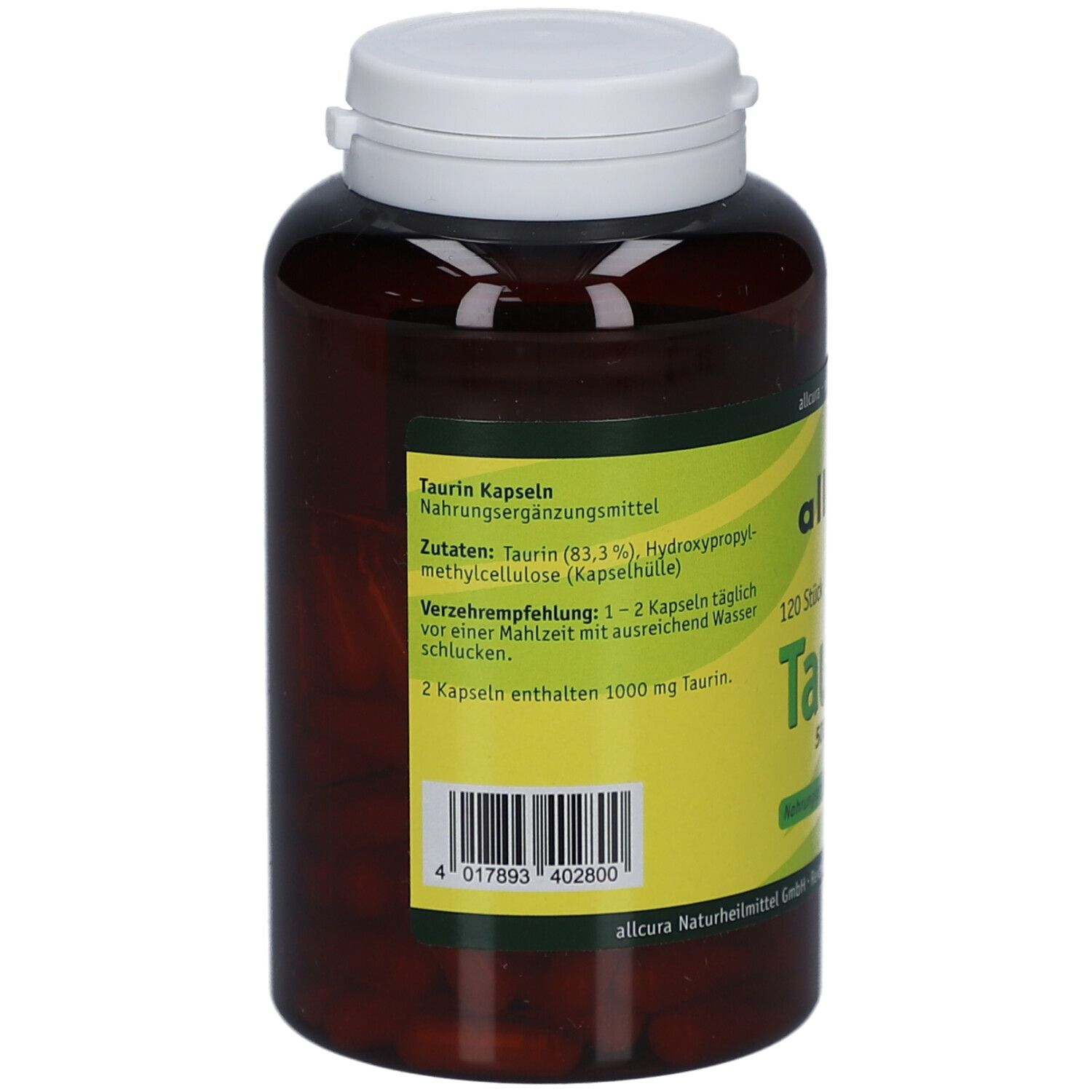 Rückseite der braunen Flasche mit weißem Deckel. Aufschrift: Taurin Kapseln, Zutaten, Barcode.