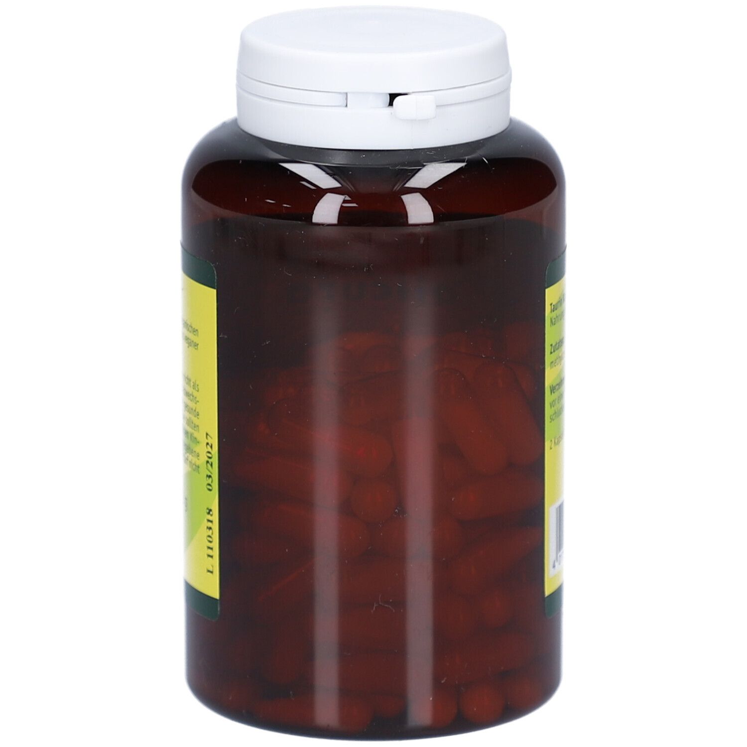 Braune Flasche mit weißem Deckel, gefüllt mit Kapseln. Gelbes Etikett.