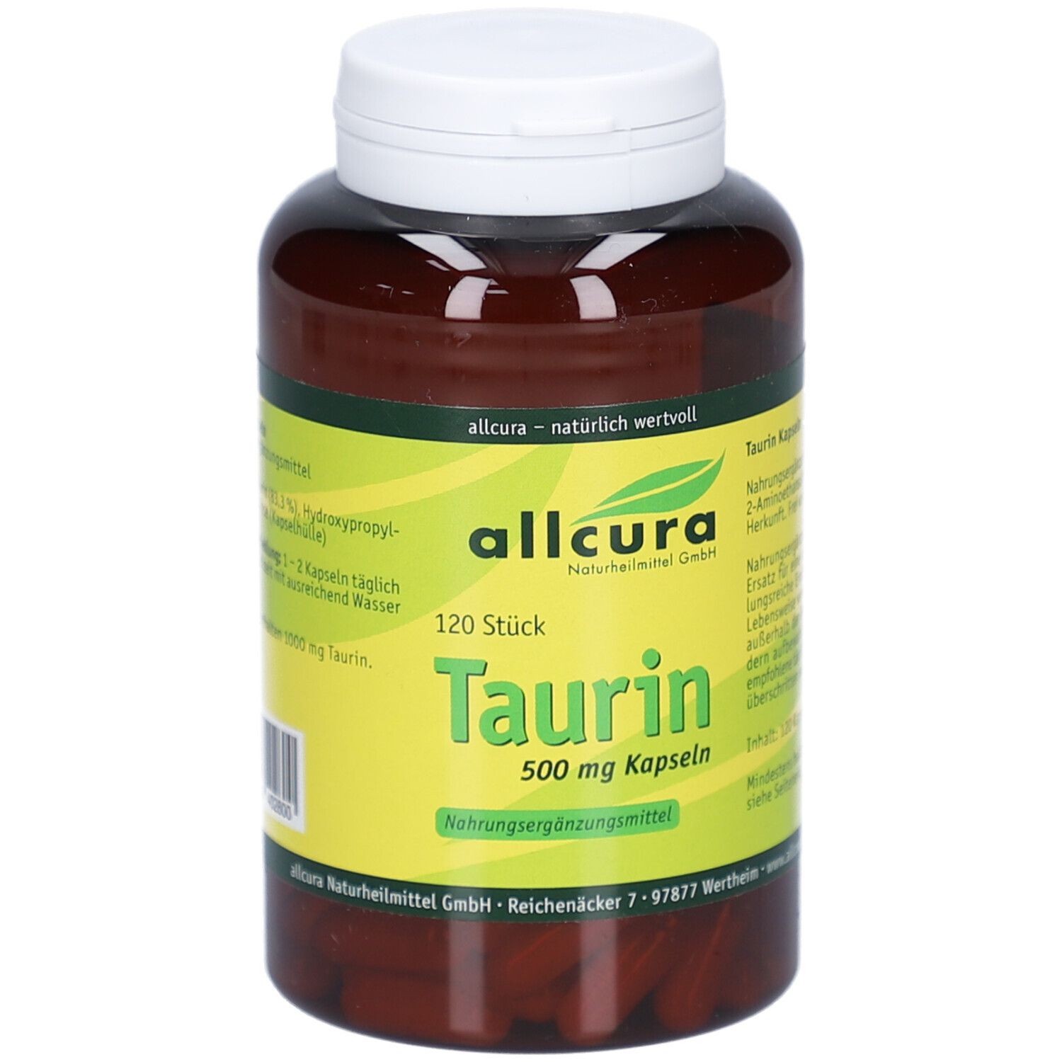 Braune Flasche mit weißem Deckel. Aufschrift: Taurin 500 mg Kapseln, 120 Stück. Marke: allcura.