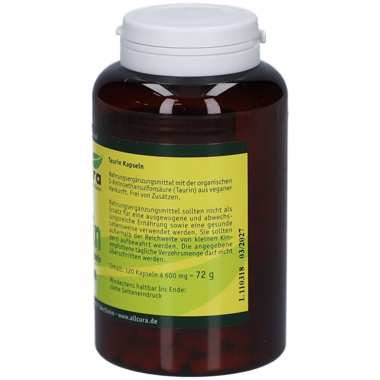 Braune Flasche mit weißem Deckel. Aufschrift: Taurin Kapseln, 120 Kapseln. Mindesthaltbarkeitsdatum.
