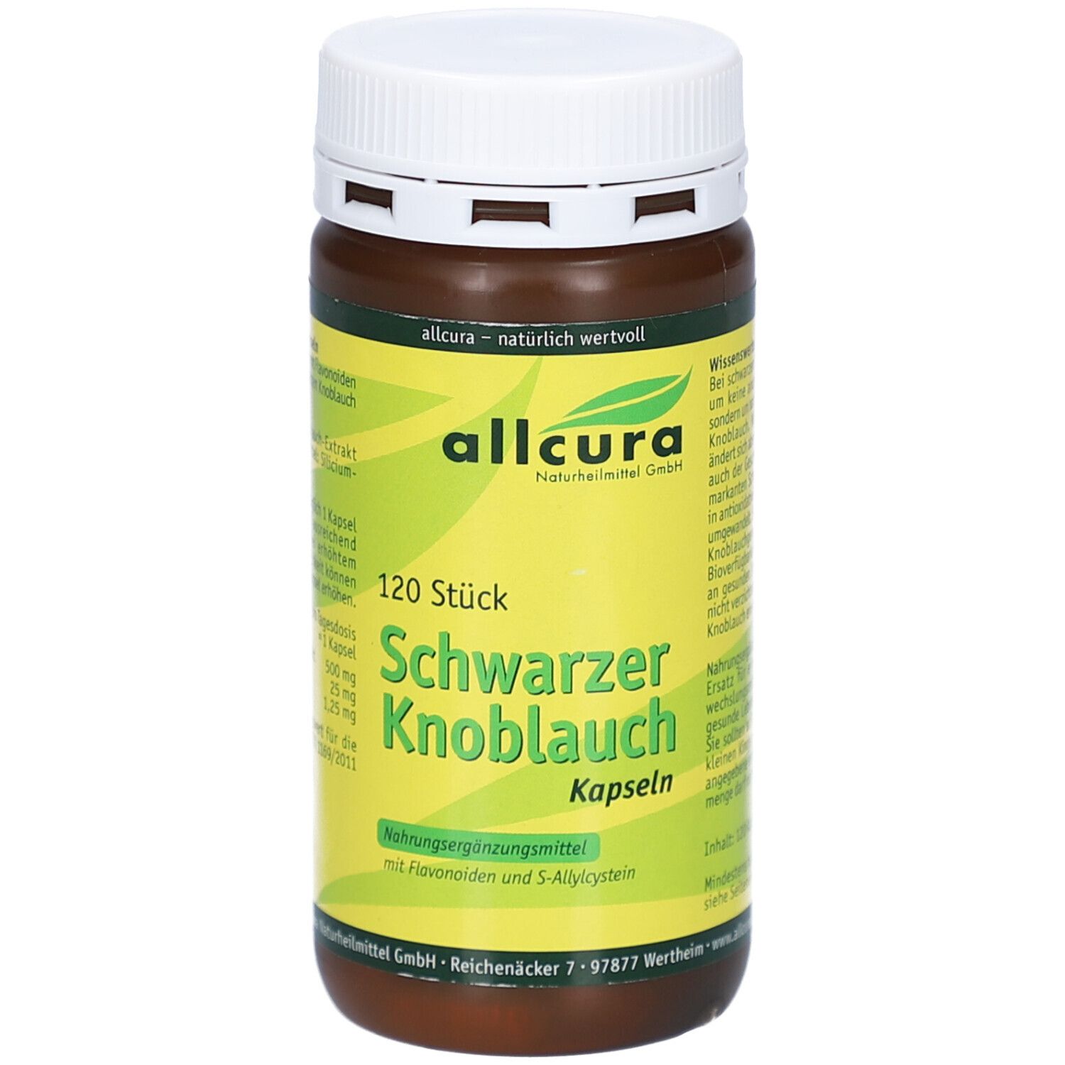 Braune Flasche mit weißem Deckel. Aufschrift: Schwarzer Knoblauch Kapseln, 120 Stück. Gelber Aufkleber mit Produktinformationen.