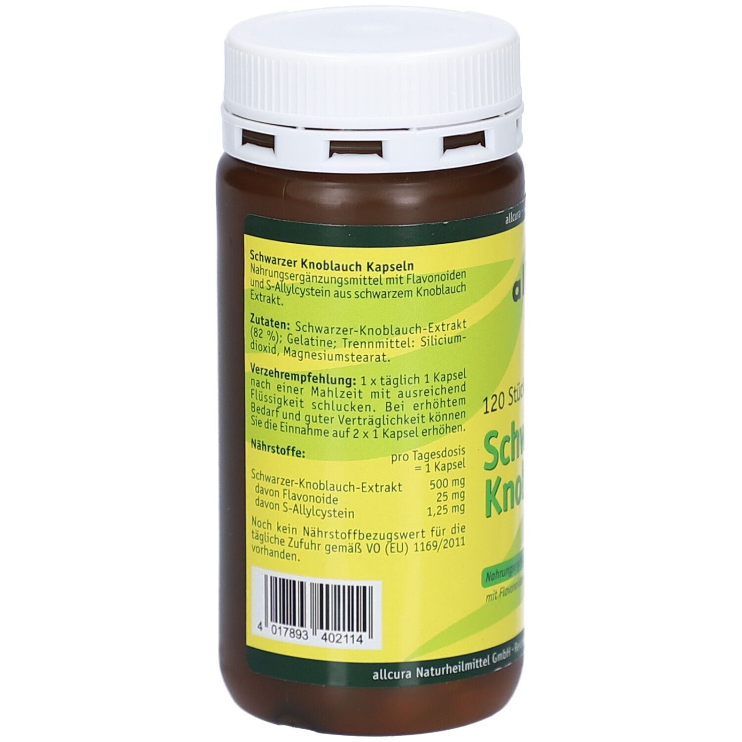 Braune Flasche mit weißem Deckel. Rückseite mit Produktinformationen und Nährwertangaben. Text in deutscher Sprache.