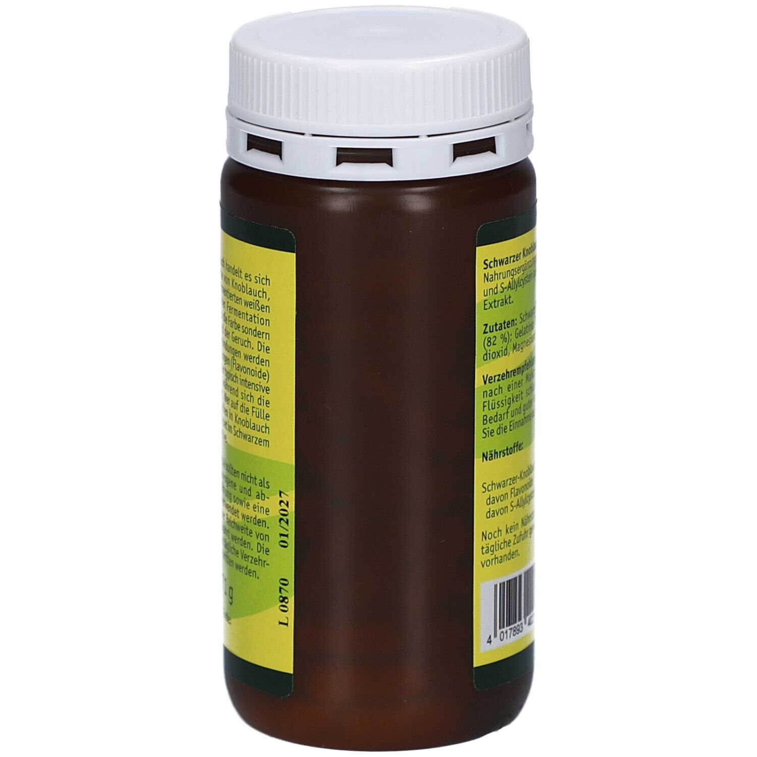 Braune Flasche mit weißem Deckel. Seitenansicht mit Produktinformationen und Haltbarkeitsdatum 01/2027.