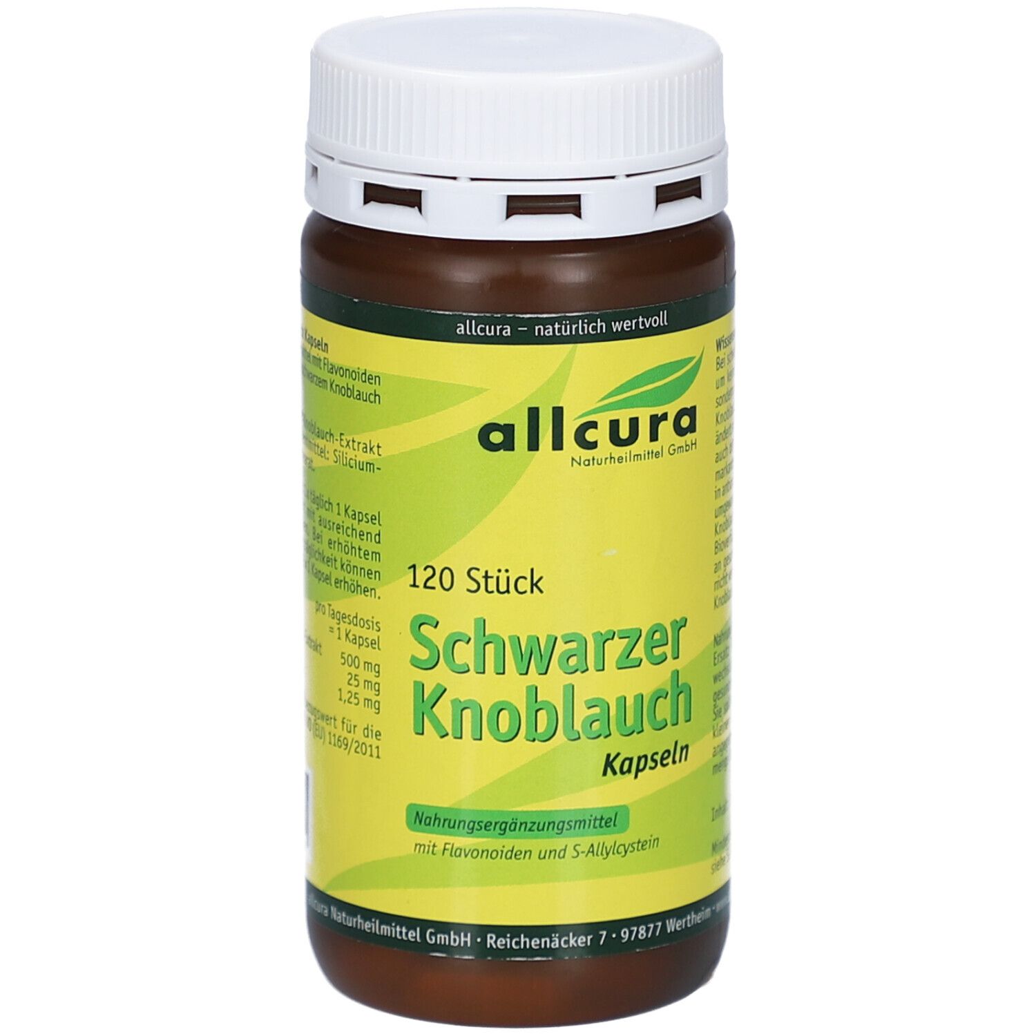 Braune Flasche mit weißem Deckel. Aufschrift: Schwarzer Knoblauch Kapseln, 120 Stück. Gelber Aufkleber mit Produktinformationen.
