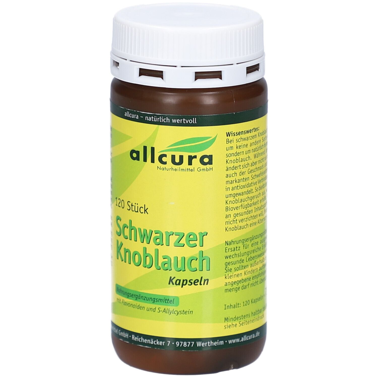 Braune Flasche mit weißem Deckel. Aufschrift: Schwarzer Knoblauch Kapseln, 120 Stück. Gelber Aufkleber mit Produktinformationen.