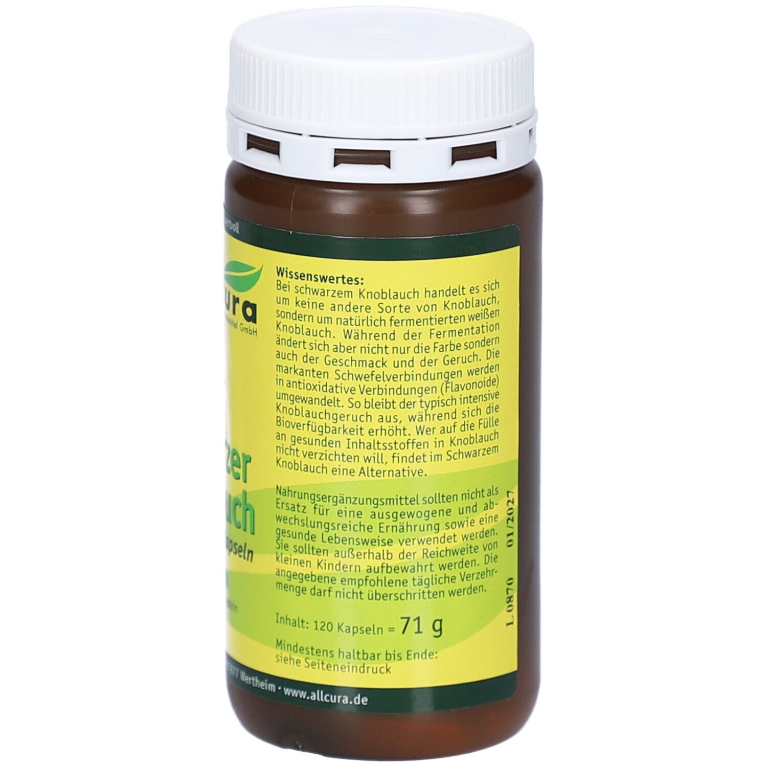 Braune Flasche mit weißem Deckel. Aufschrift: Schwarzer Knoblauch Kapseln, 120 Kapseln, 71 g. Gelber Aufkleber mit Text.