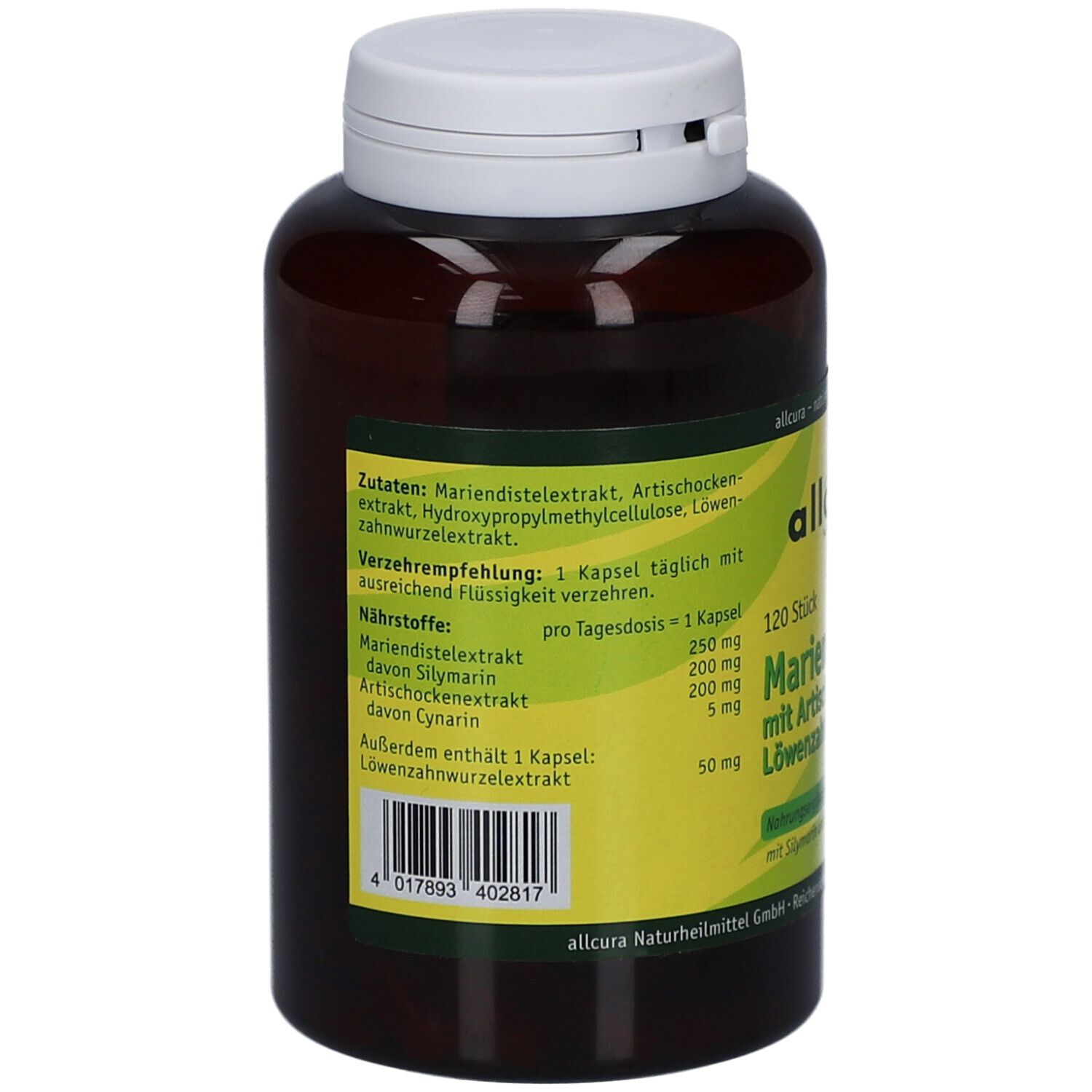 Braune Flasche mit weißem Deckel. Rückseite mit Zutaten, Verzehrempfehlung und Nährstoffen. allcura Mariendistel mit Artischocke und Löwenzahn Kapseln.