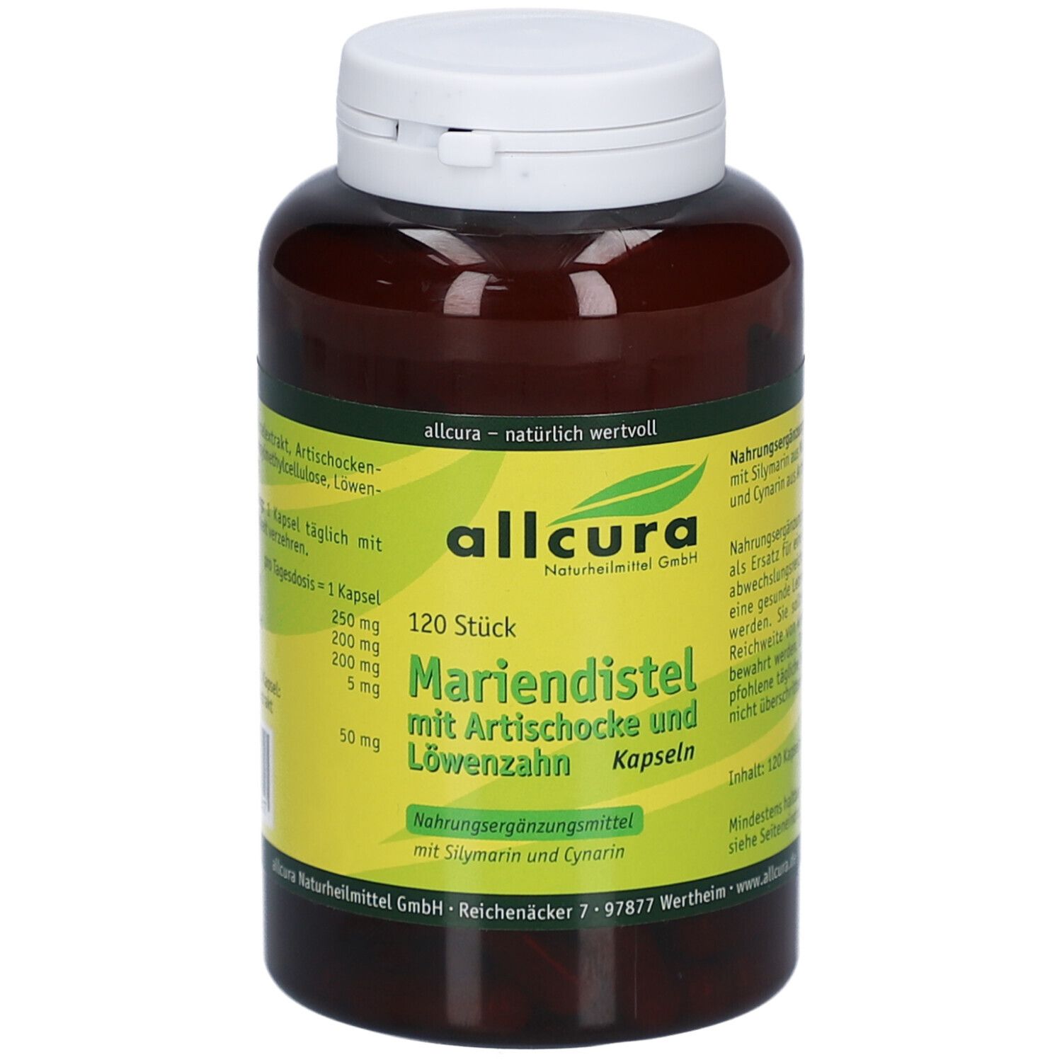 Braune Flasche mit weißem Deckel. Aufkleber mit Produktnamen und Inhaltsangaben. allcura Mariendistel mit Artischocke und Löwenzahn Kapseln.