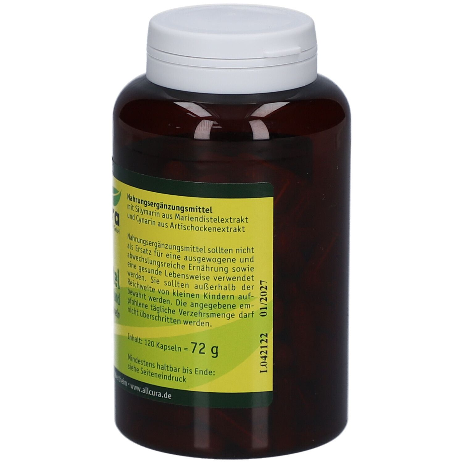 Braune Flasche mit weißem Deckel. Rückseite mit Informationen. Mindesthaltbarkeitsdatum 01/2027. allcura Mariendistel mit Artischocke und Löwenzahn Kapseln.