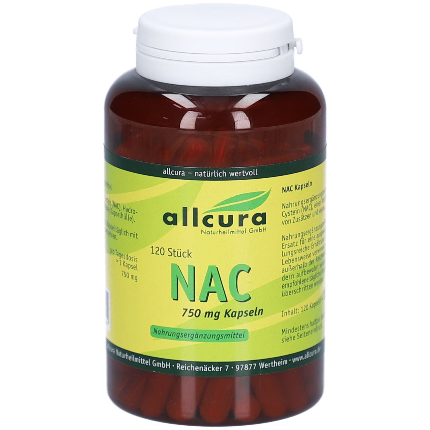 Braune Flasche mit weißen Deckel. Aufkleber mit grünen und gelben Elementen. Aufschrift: NAC 750 mg Kapseln, 120 Stück.