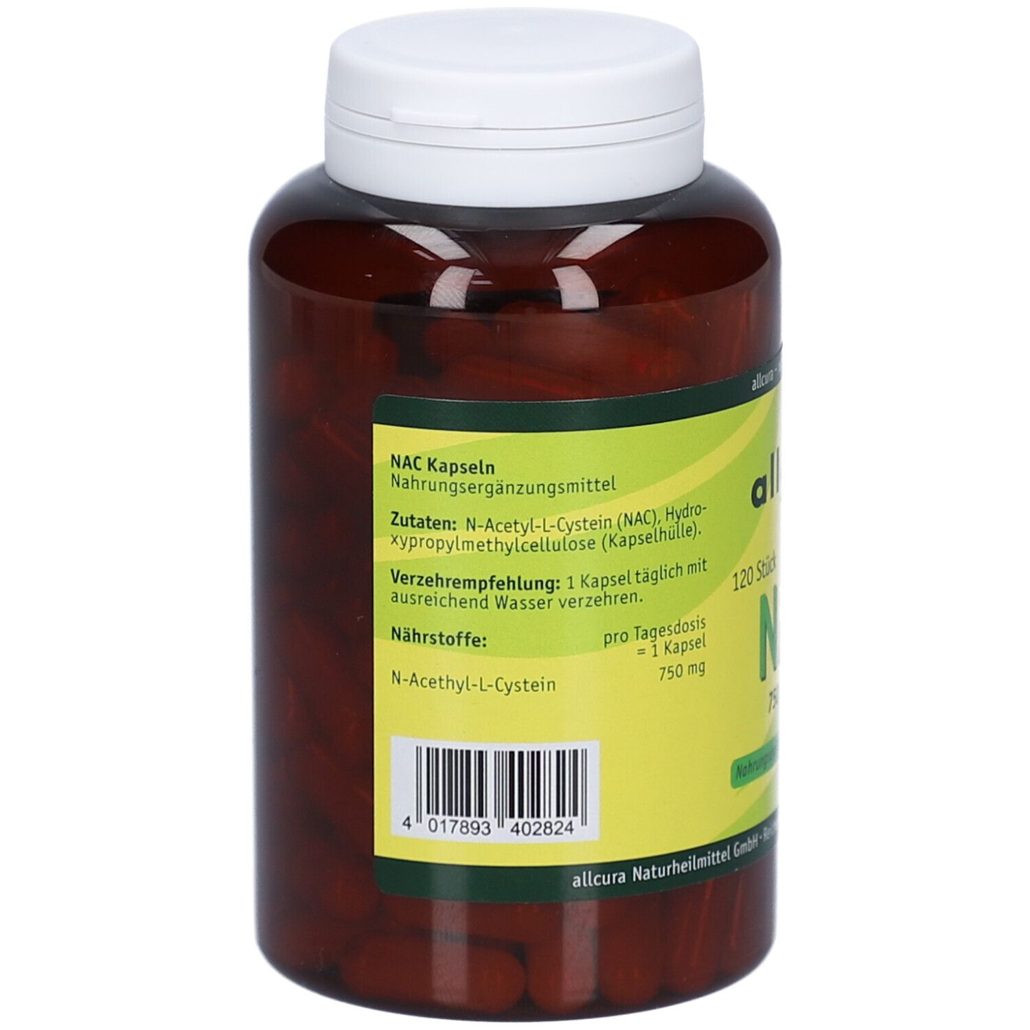 Rückseite der Flasche. Aufkleber mit Informationen zu Inhaltsstoffen und Dosierung. Aufschrift: NAC Kapseln, 120 Stück.