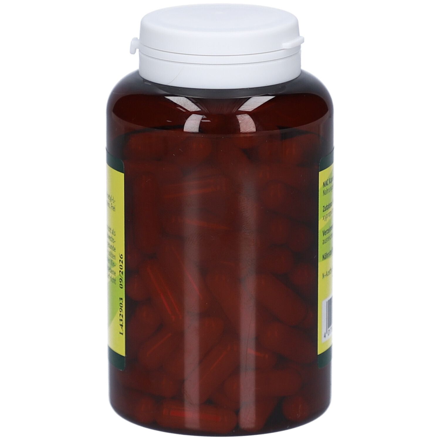 Braune Flasche mit weißen Deckel. Kapseln sichtbar. Aufkleber mit Informationen. Aufschrift: NAC Kapseln.