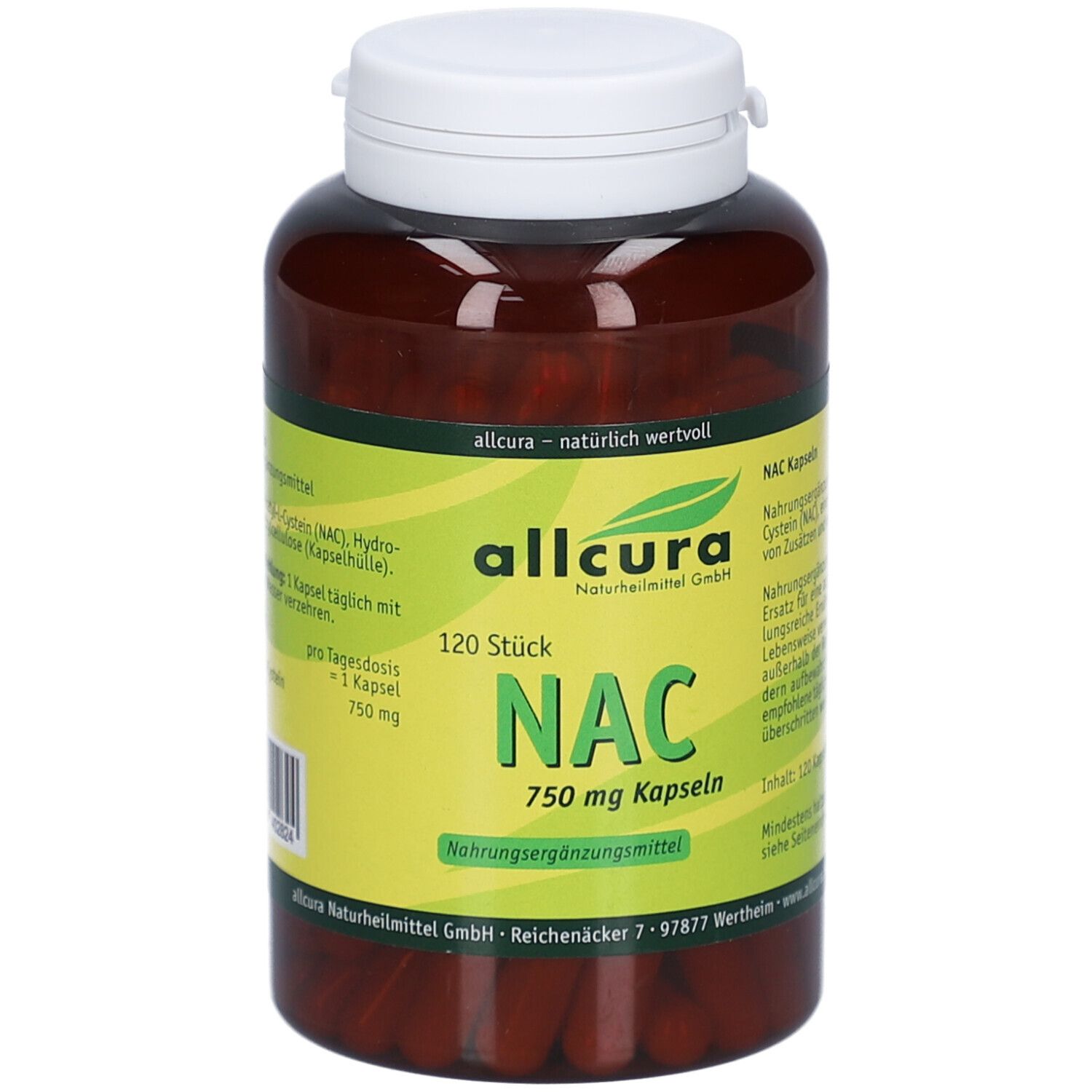 Braune Flasche mit weißen Deckel. Aufkleber mit grünen und gelben Elementen. Aufschrift: NAC 750 mg Kapseln, 120 Stück.