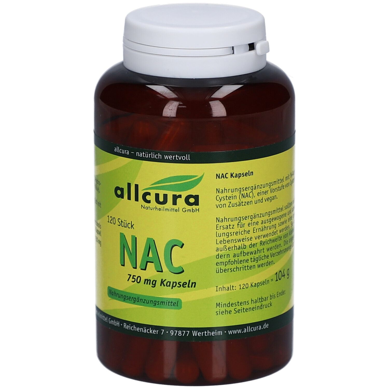 Braune Flasche mit weißen Deckel. Aufkleber mit grünen und gelben Elementen. Aufschrift: NAC 750 mg Kapseln, 120 Stück.
