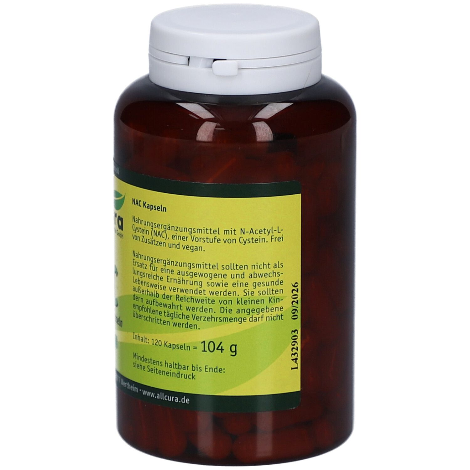Rückseite der Flasche. Aufkleber mit Informationen zu Inhaltsstoffen und Dosierung. Aufschrift: NAC Kapseln, 120 Stück.