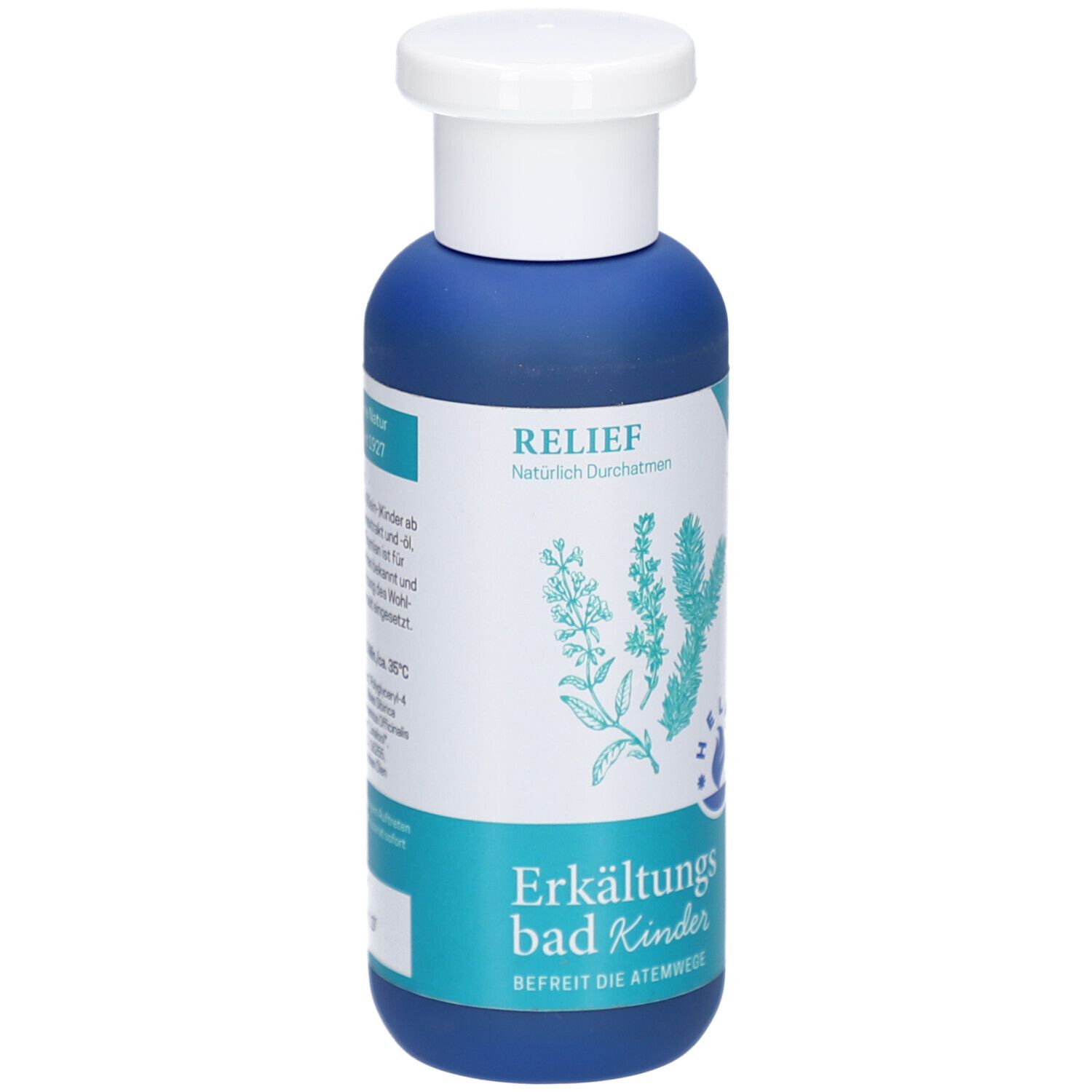 Blaue Flasche mit weißem Deckel. Aufschrift: RELIEF, Erkältungsbad für Kinder. Illustration von Pflanzen.