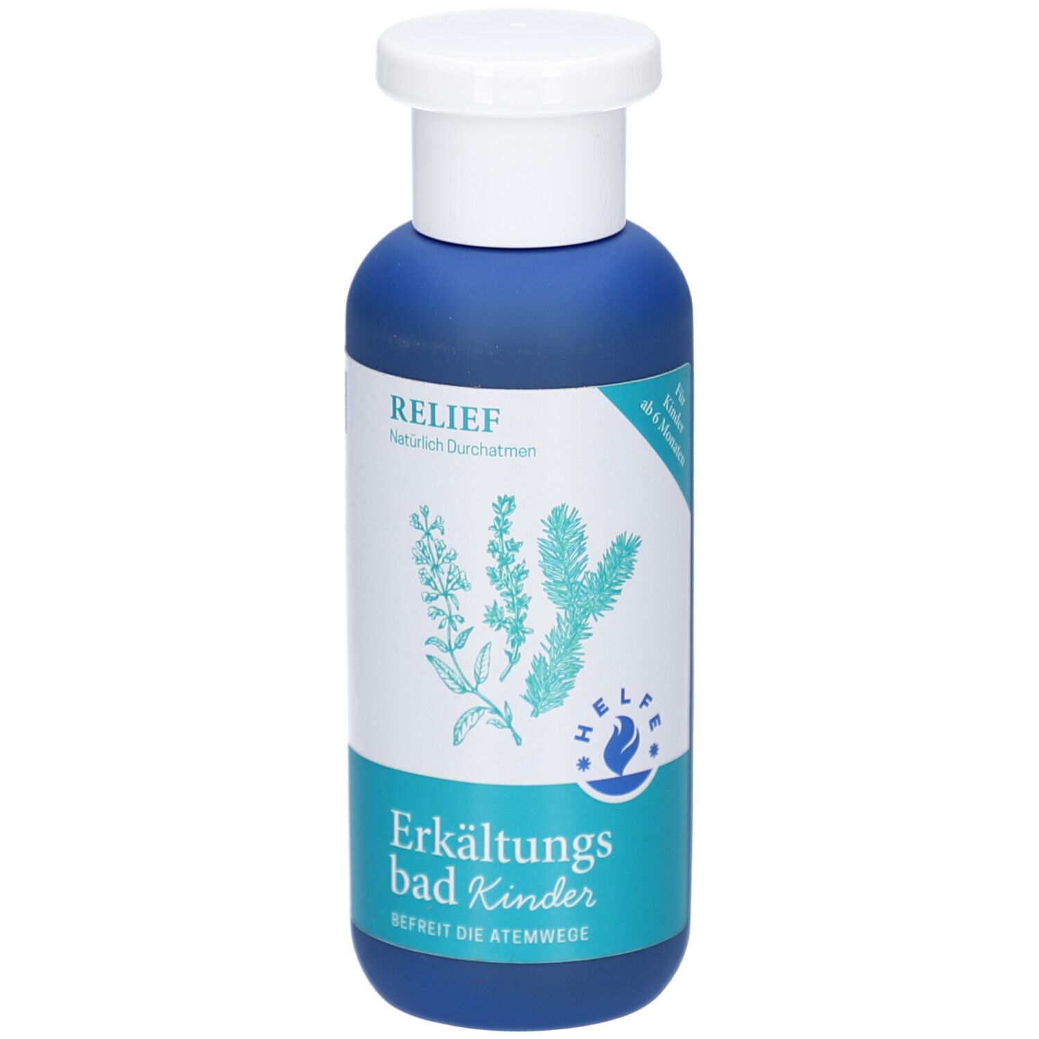 Blaue Flasche mit weißem Deckel. Aufschrift: RELIEF, Erkältungsbad für Kinder. Illustration von Pflanzen.