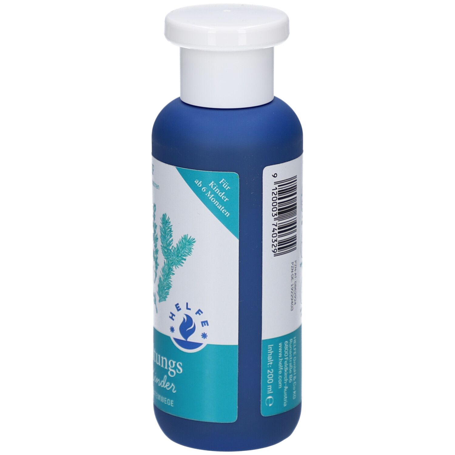 Blaue Flasche mit weißem Deckel. Aufschrift: Erkältungsbad für Kinder. Text: Für Kinder ab 6 Monaten.