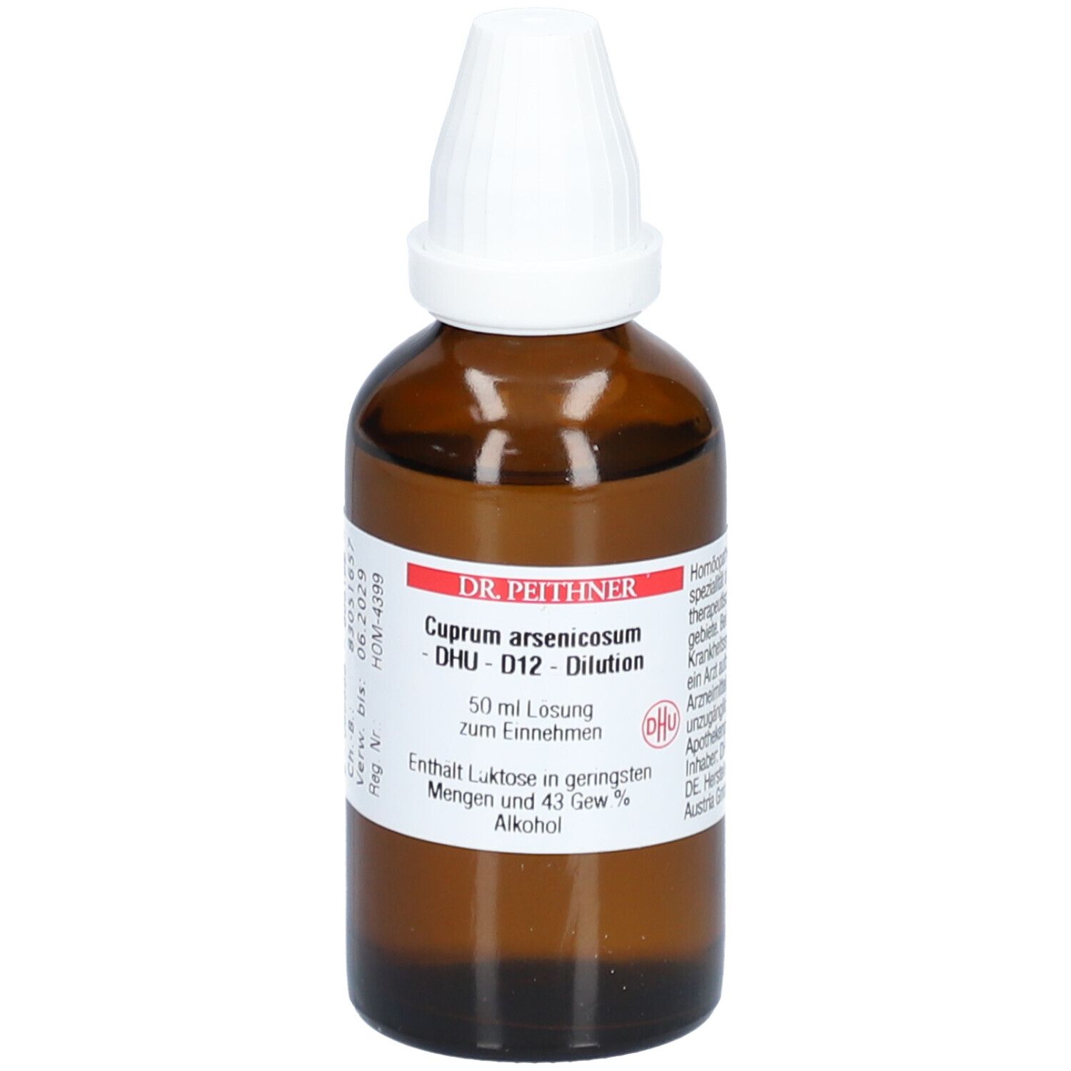 Braune Glasflasche mit weißem Verschluss. Etikett mit Produktnamen, D12-Dilution und weiteren Informationen.