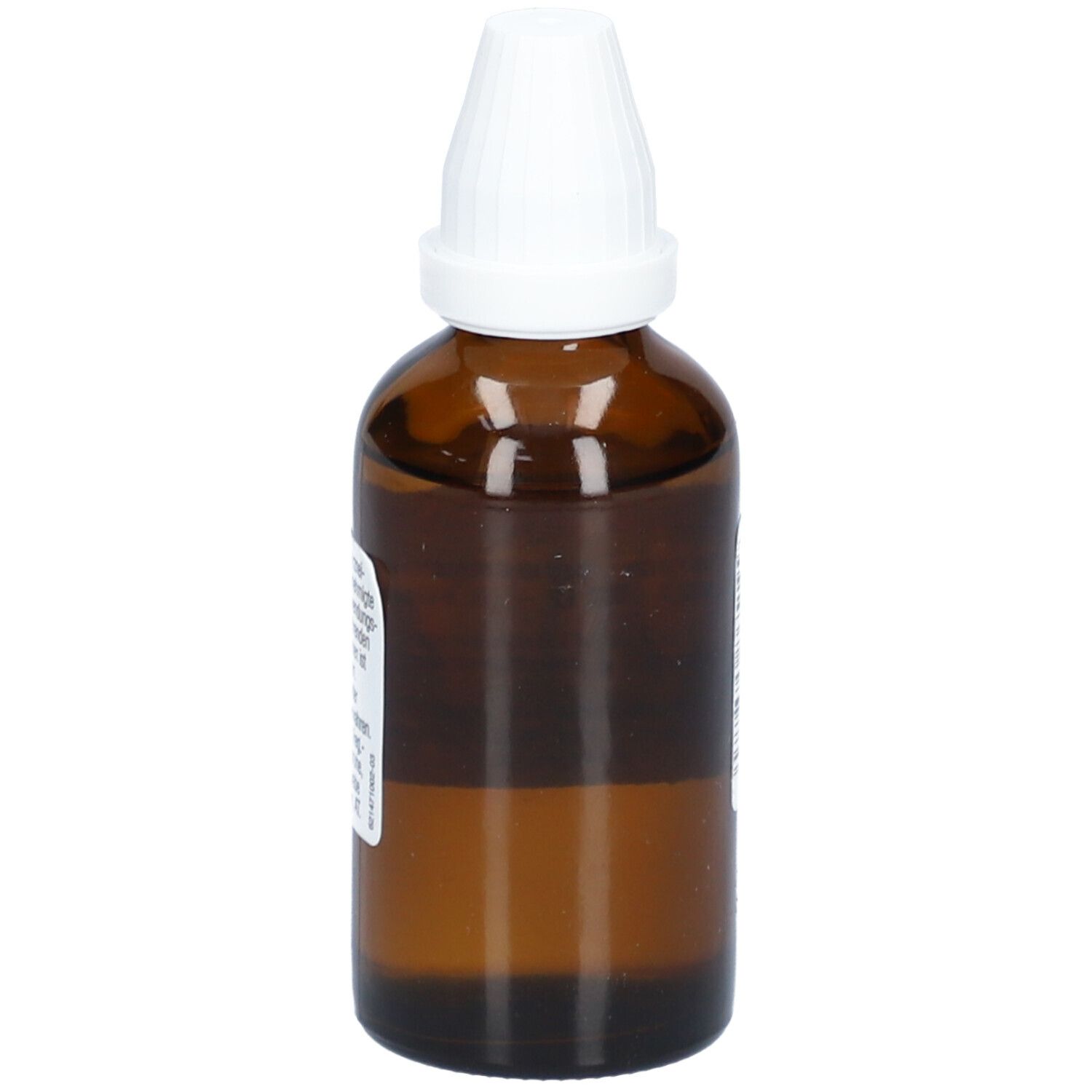 Braune Glasflasche mit weißem Verschluss. Seitenansicht ohne sichtbare Etiketteninformationen.