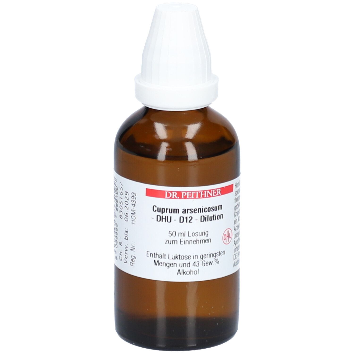 Braune Glasflasche mit weißem Verschluss. Etikett mit Produktnamen, D12-Dilution und weiteren Informationen.