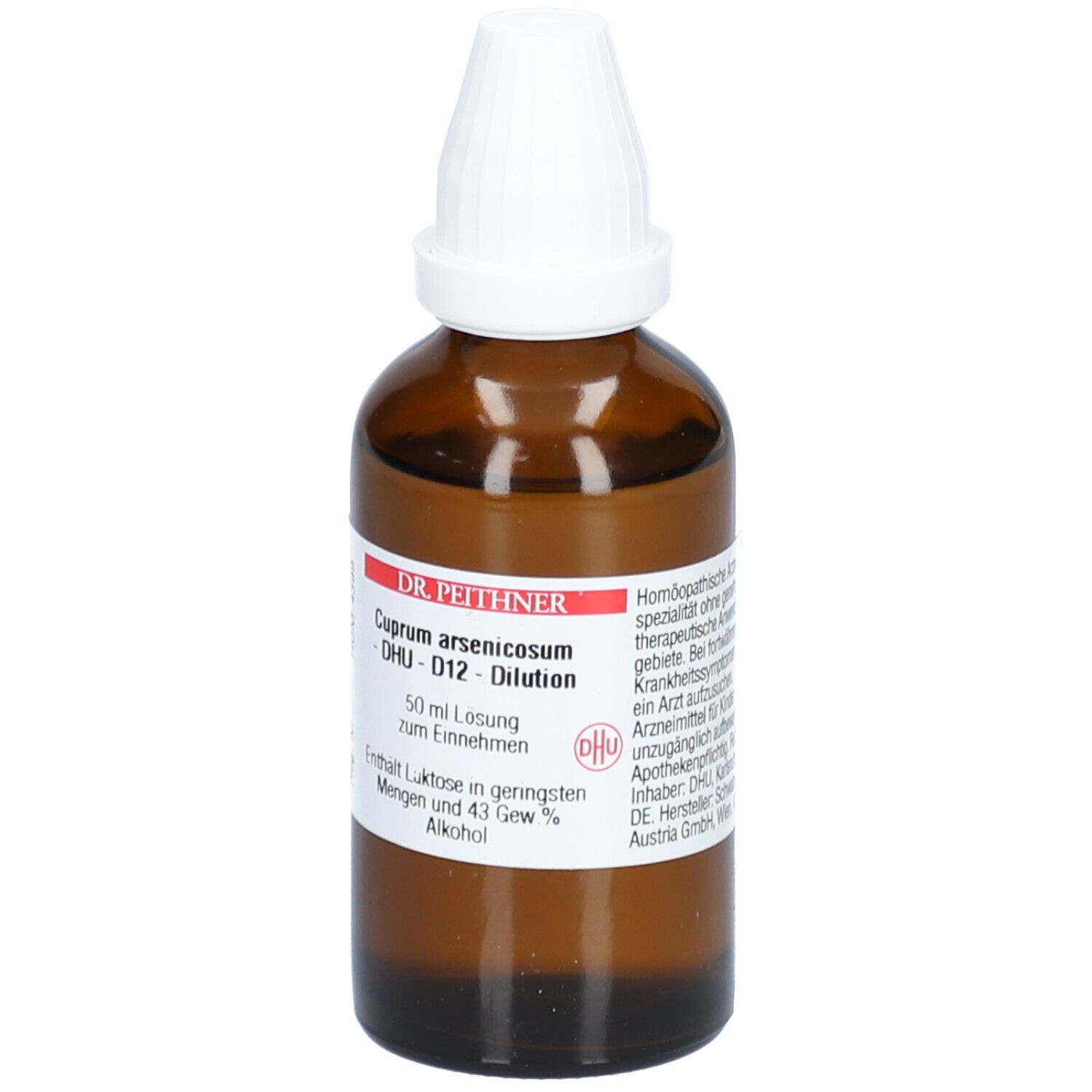 Braune Glasflasche mit weißem Verschluss. Etikett mit Produktnamen, D12-Dilution und weiteren Informationen.