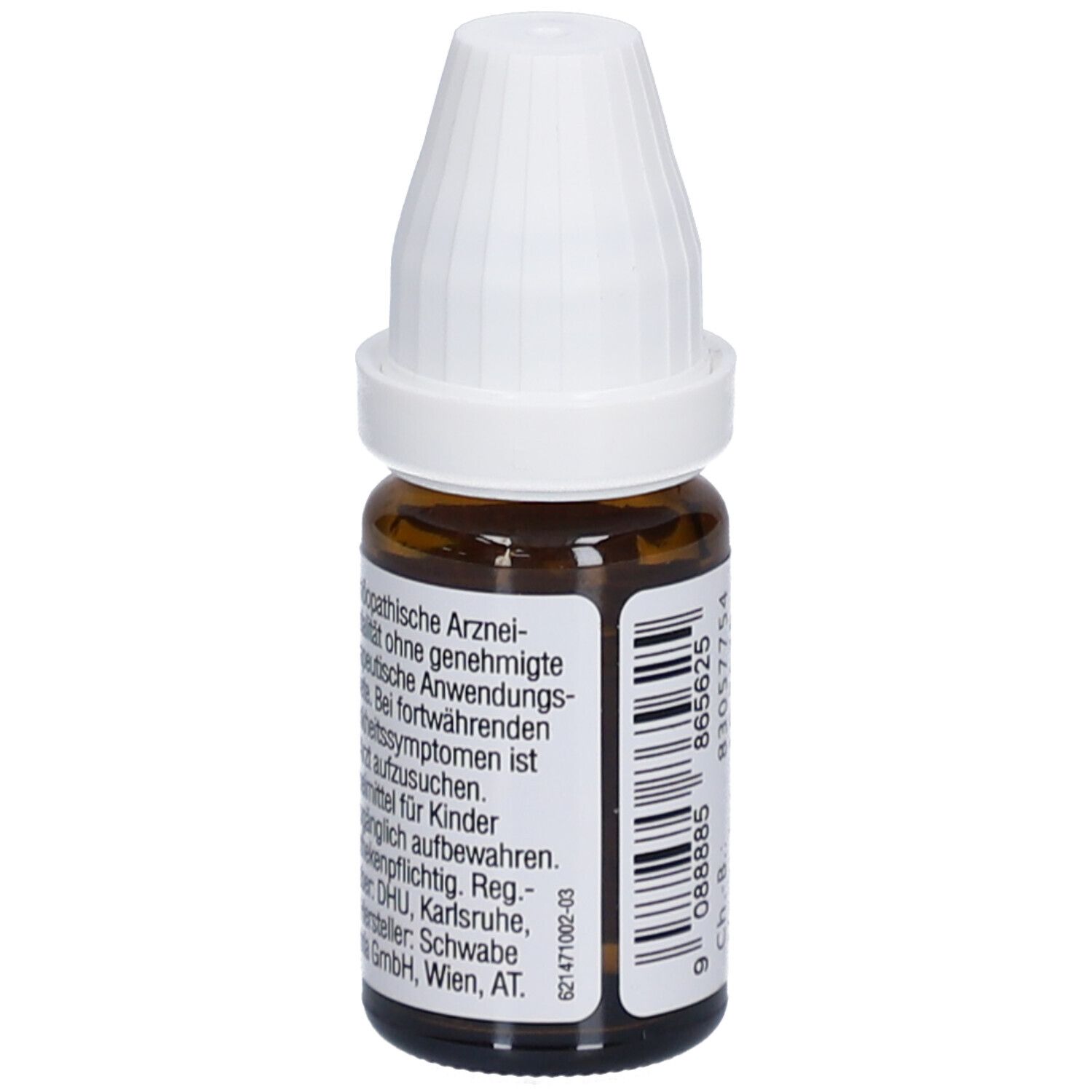 Braune Glasflasche mit weißem Deckel. Aufkleber mit Text. Homöopathische Arzneimittel. Barcode. Hersteller: Schwabe GmbH.
