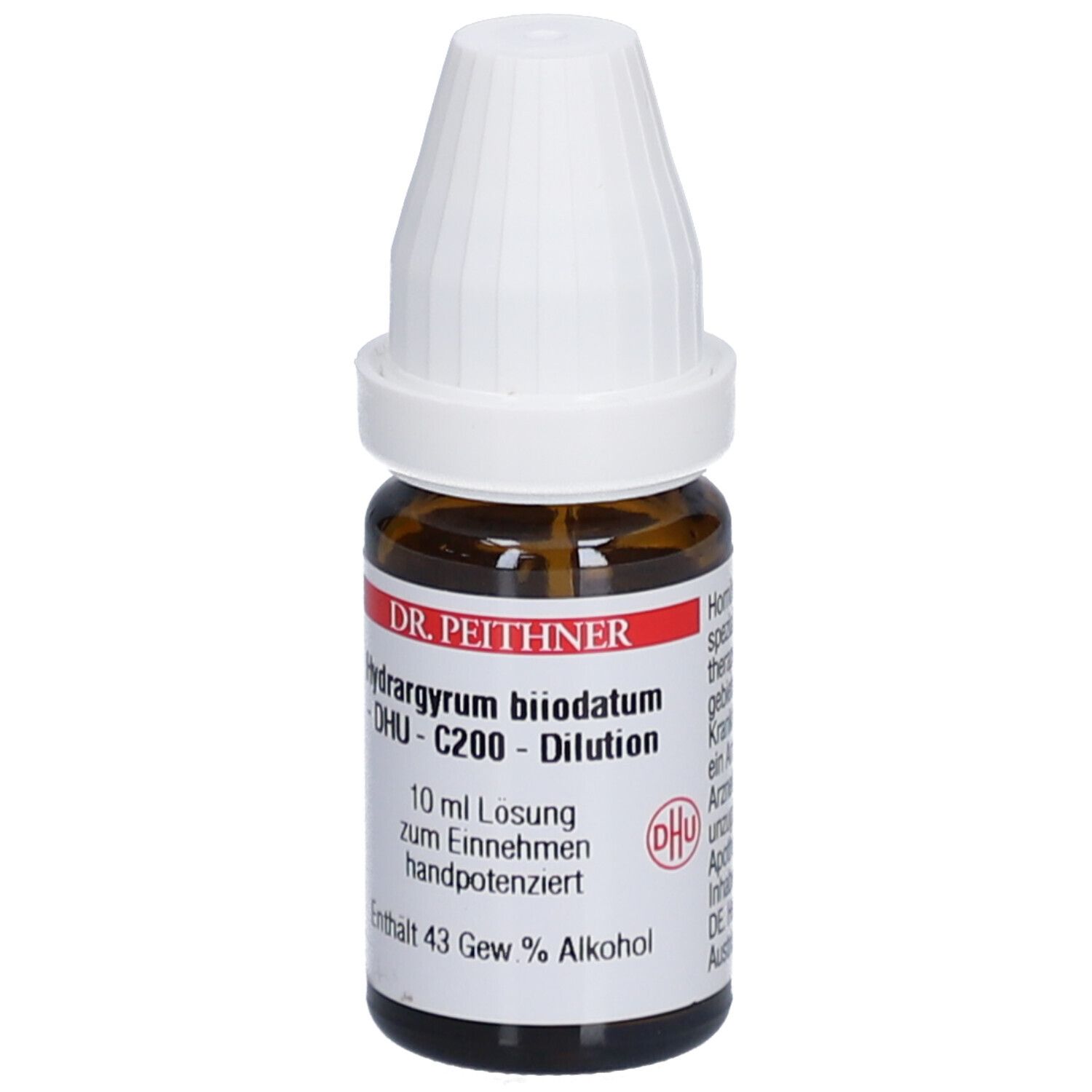 Braune Glasflasche mit weißem Deckel. Beschriftung: DR. PEITHNER, Hydrargyrum biiodatum - DHU - C200 - Dilution, 10 ml Lösung.