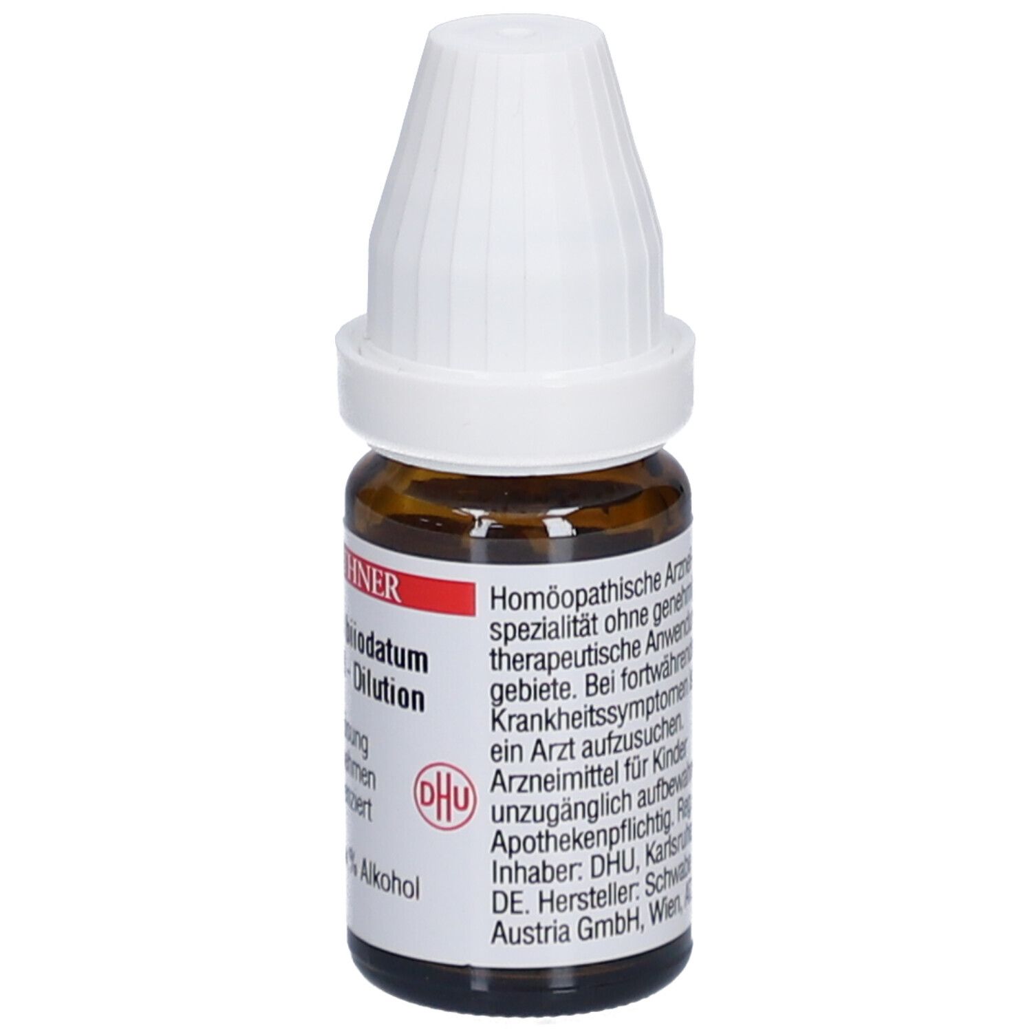 Braune Glasflasche mit weißem Deckel. Aufkleber mit Text. Homöopathische Arzneimittel. Hersteller: DHU, Karlsruhe.