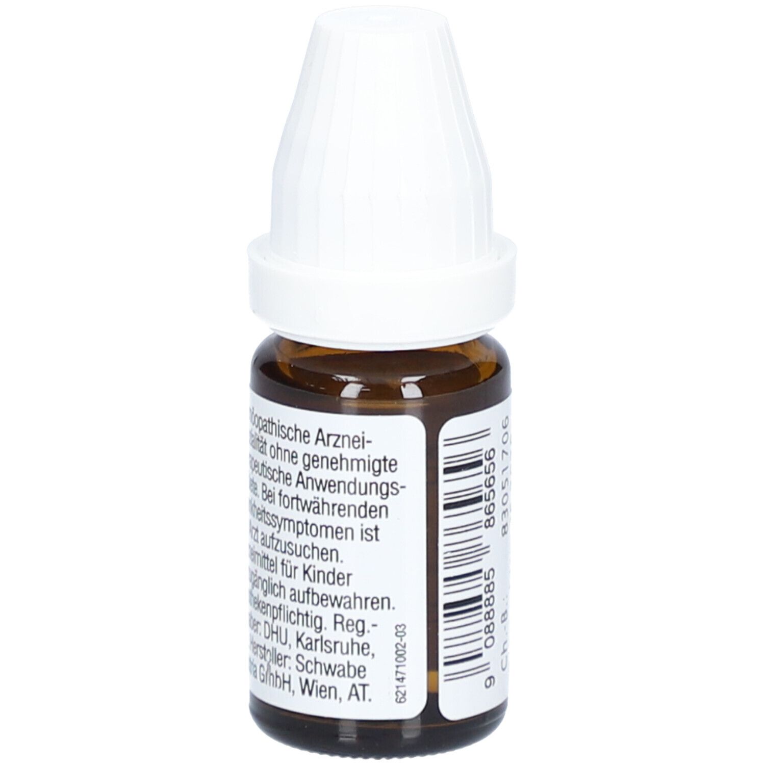 Braune Glasflasche mit weißem Verschluss. Etikett mit Text. Beschriftung: Homöopathische Arzneimittel.