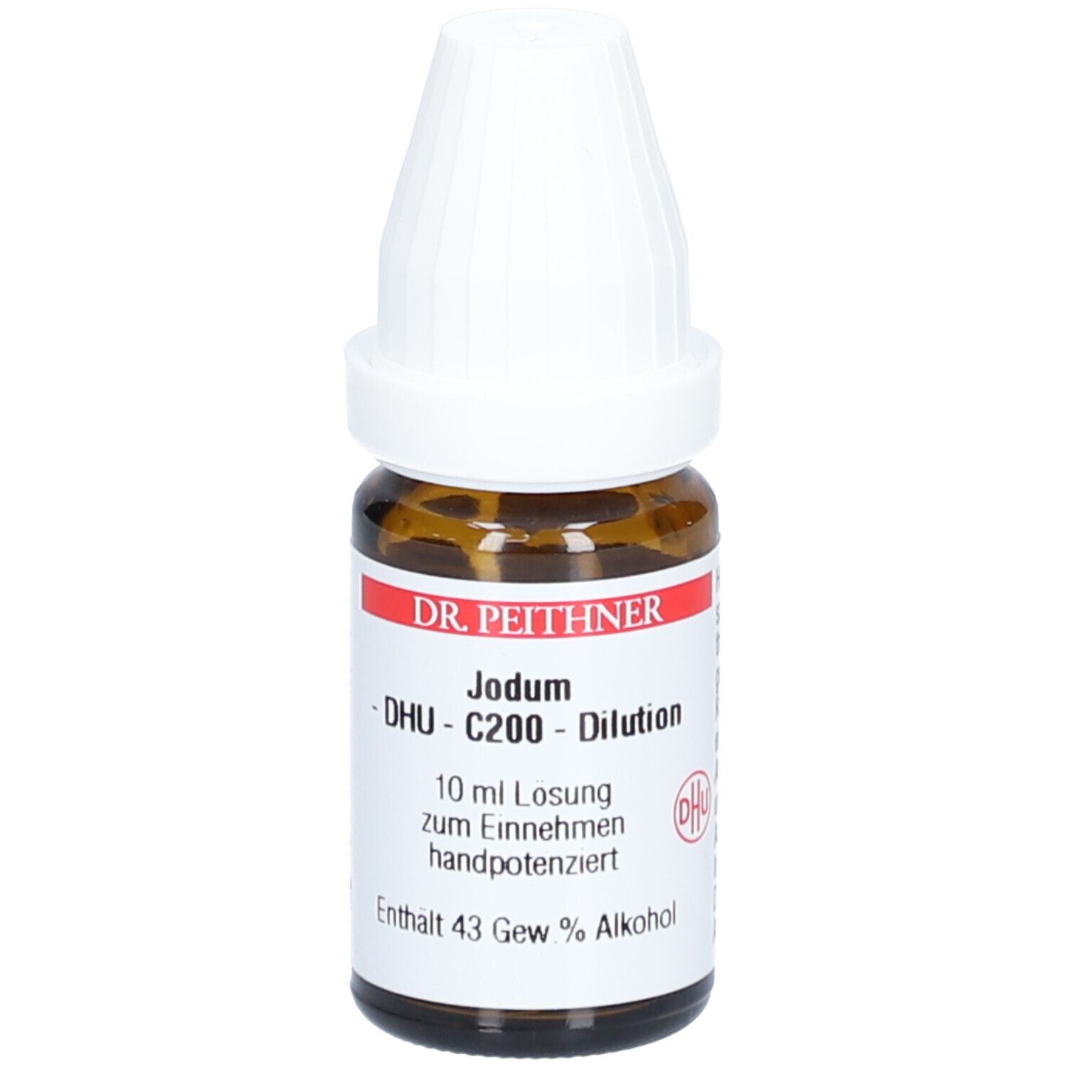 Braune Glasflasche mit weißem Verschluss. Aufschrift: DR. PEITHNER, Jodum, DHU - C200 - Dilution. 10 ml Lösung. Enthält 43 Gew. % Alkohol.