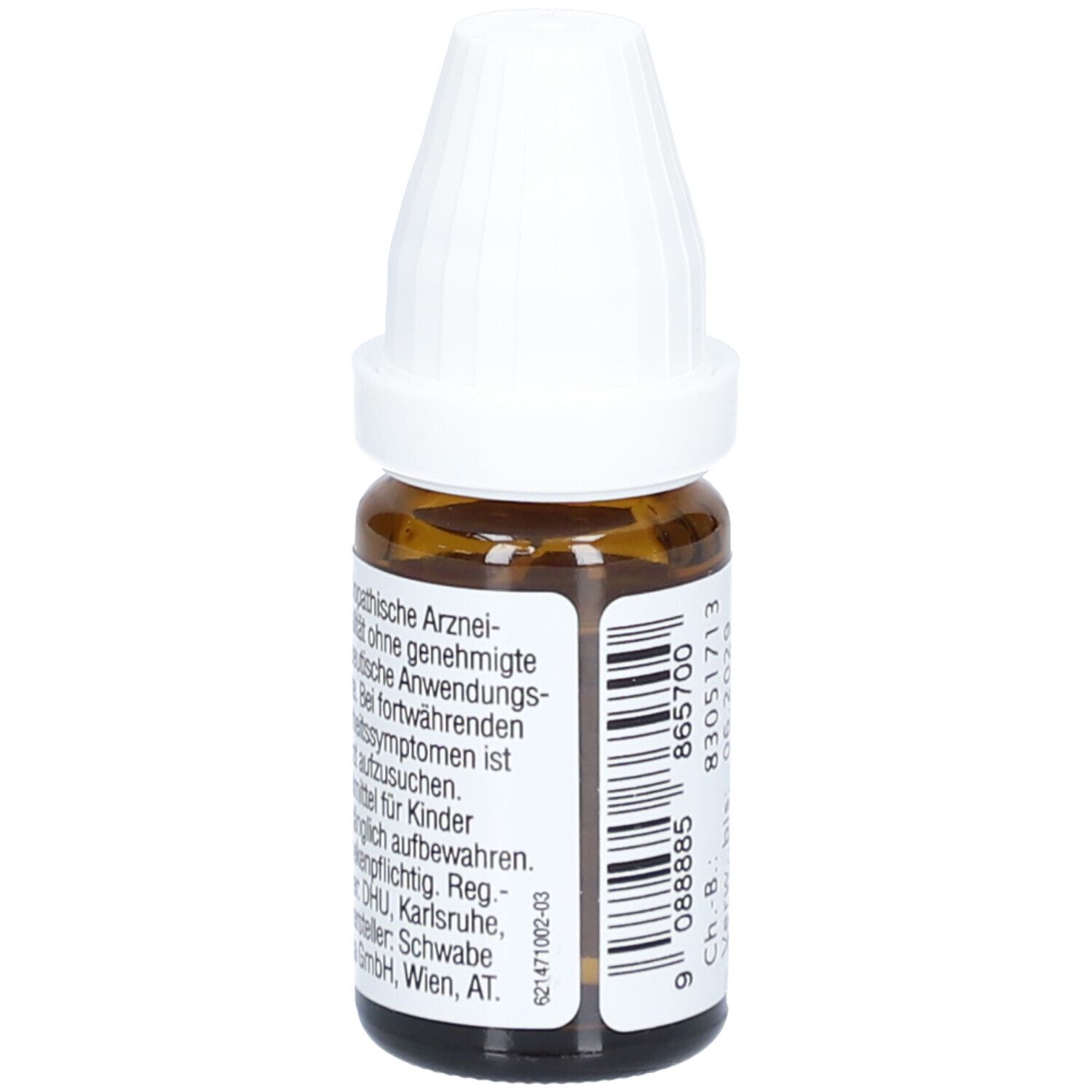 Braune Glasflasche mit weißem Verschluss. Aufschrift: DR. PEITHNER, Jodum, DHU - C200 - Dilution. Text über homöopathische Arzneimittel.