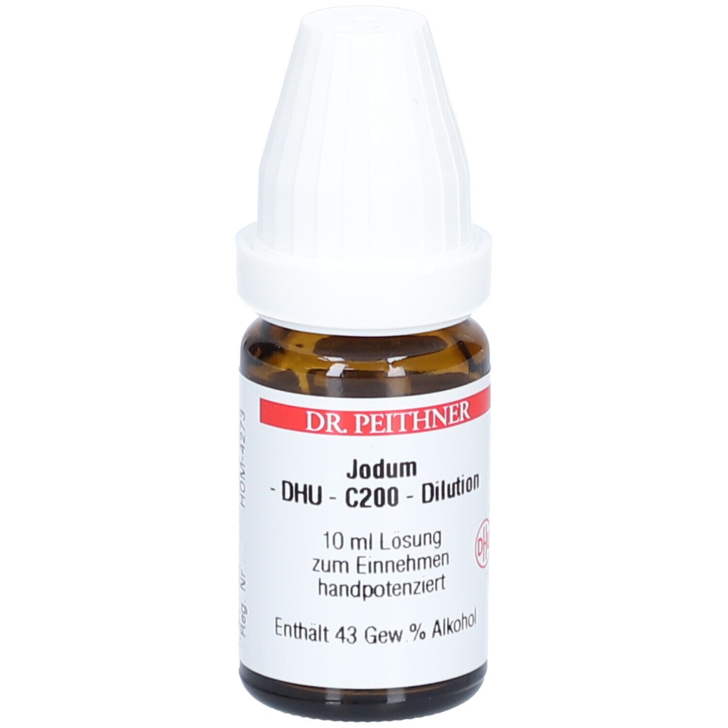 Braune Glasflasche mit weißem Verschluss. Aufschrift: DR. PEITHNER, Jodum, DHU - C200 - Dilution. 10 ml Lösung. Enthält 43 Gew. % Alkohol.